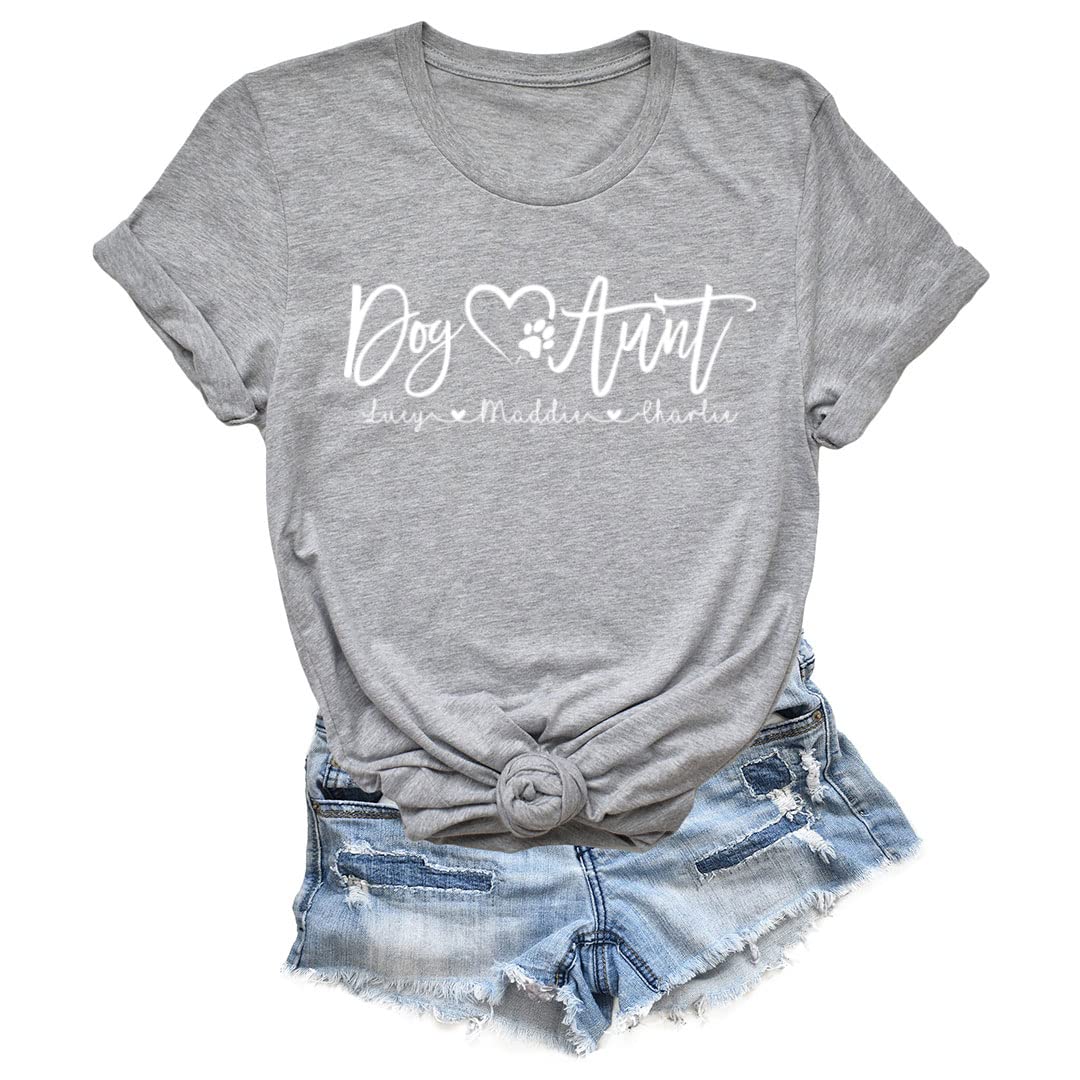Custom Dog Aunt T-Shirts with Personalized Dog Names - Cute Gifts for Dog Lovers (Athletic Heather) - Perfect for Dog Parks, Walks & Pet Lover Events
