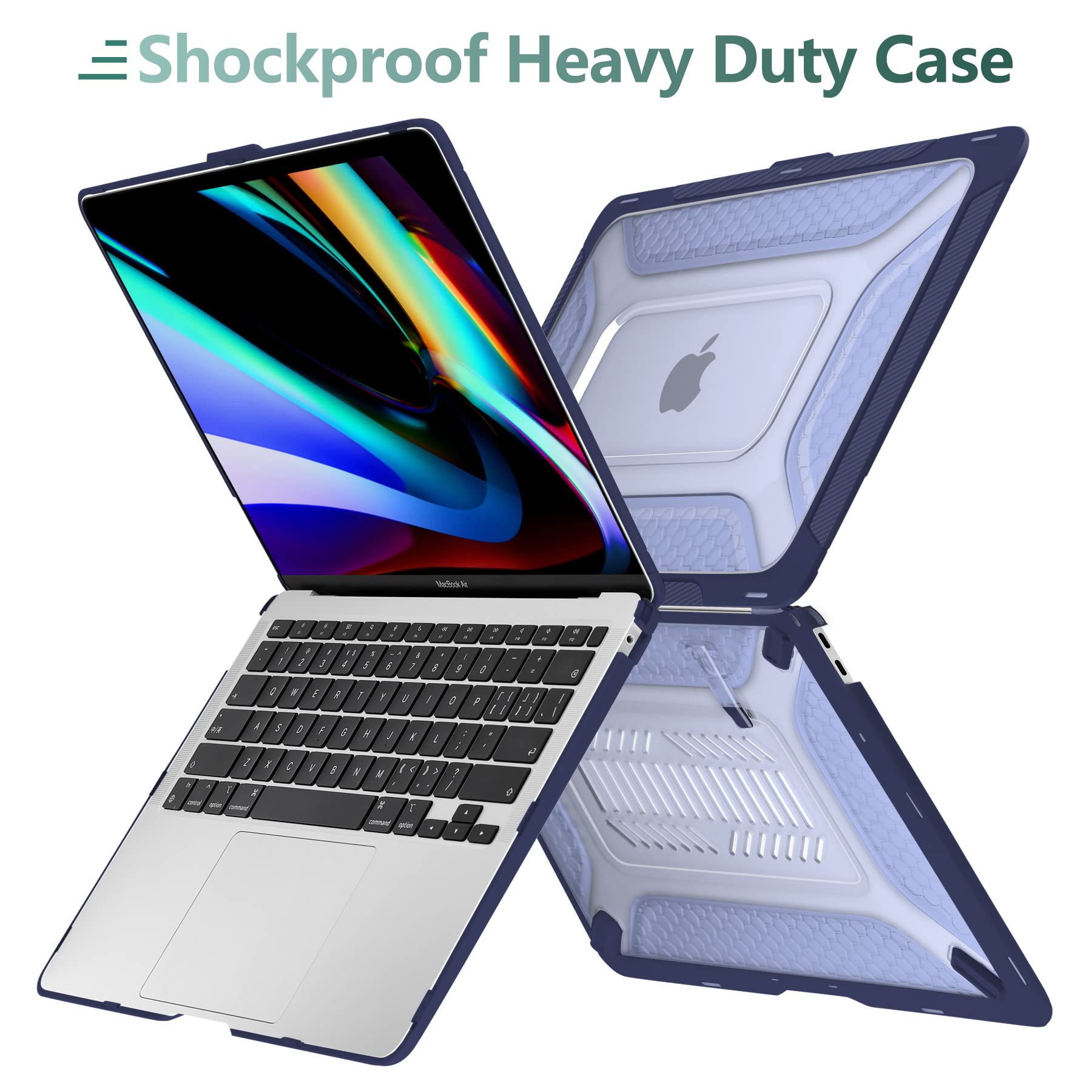 DONGKE Heavy Duty Rugged Hard Shell Case with Kickstand for MacBook Air 13 Inch (A2337 M1 A2179 A1932 2021-2018) - Protective TPU Bumper Cover Compatible with Retina Display & Touch ID, Navy Blue - Perfect for Travel, Office & School Use