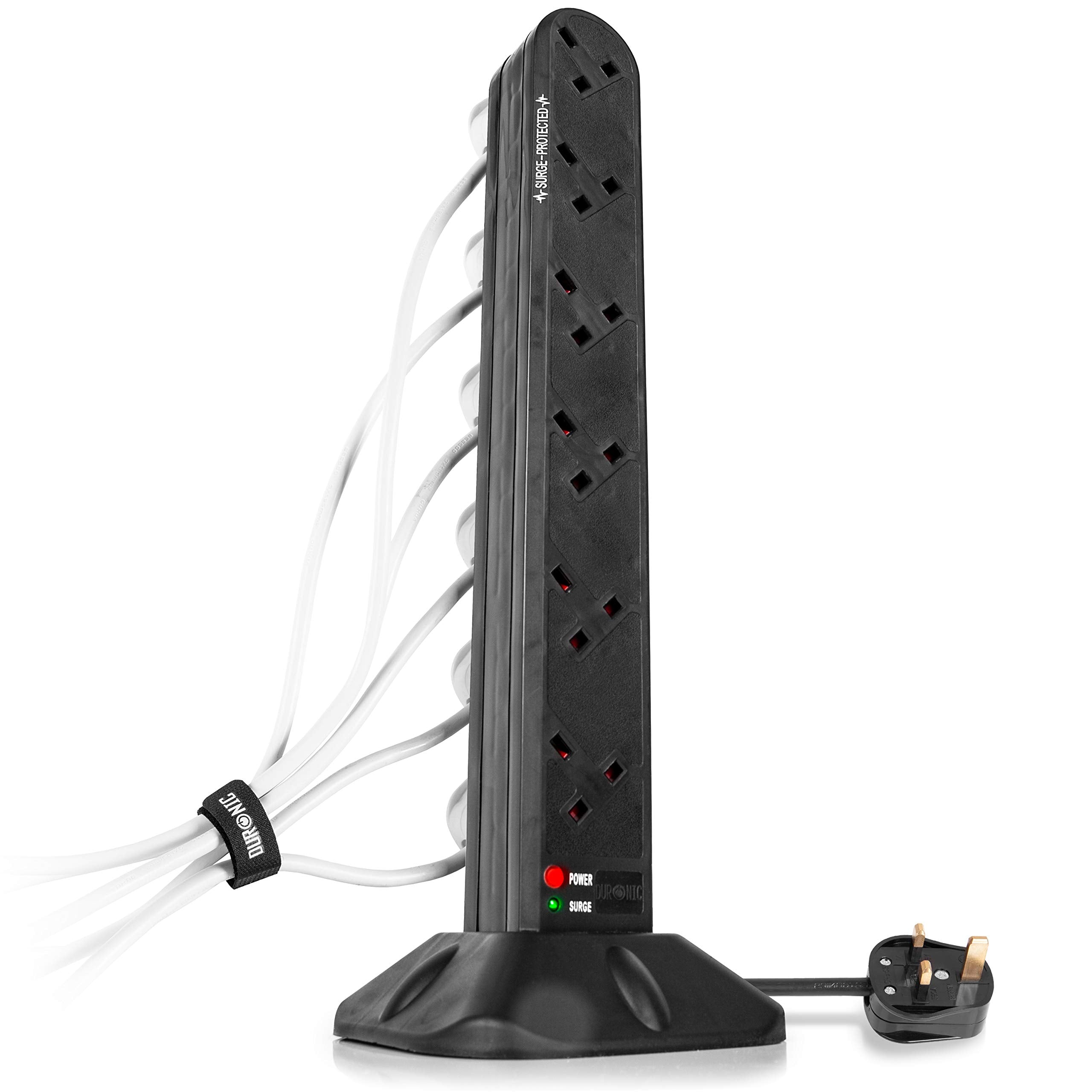 Duronic ST12B 12-Way Surge Protected Tower Extension Lead with UK Plugs | Multiplug Adapter with Spike Protection | Long Black Power Cord for Home & Office Use | Ideal for Workstations, Entertainment Centers & Charging Multiple Devices