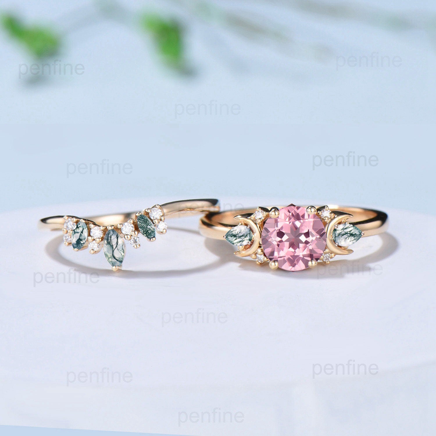 1Ct Round Papalacha Sapphire Engagement Ring Set - Vintage Pear Marquise Moss Agate Wedding Ring - Yellow Gold Stacking Matching Bridal Jewelry Set for Proposal, Anniversary & Special Occasions