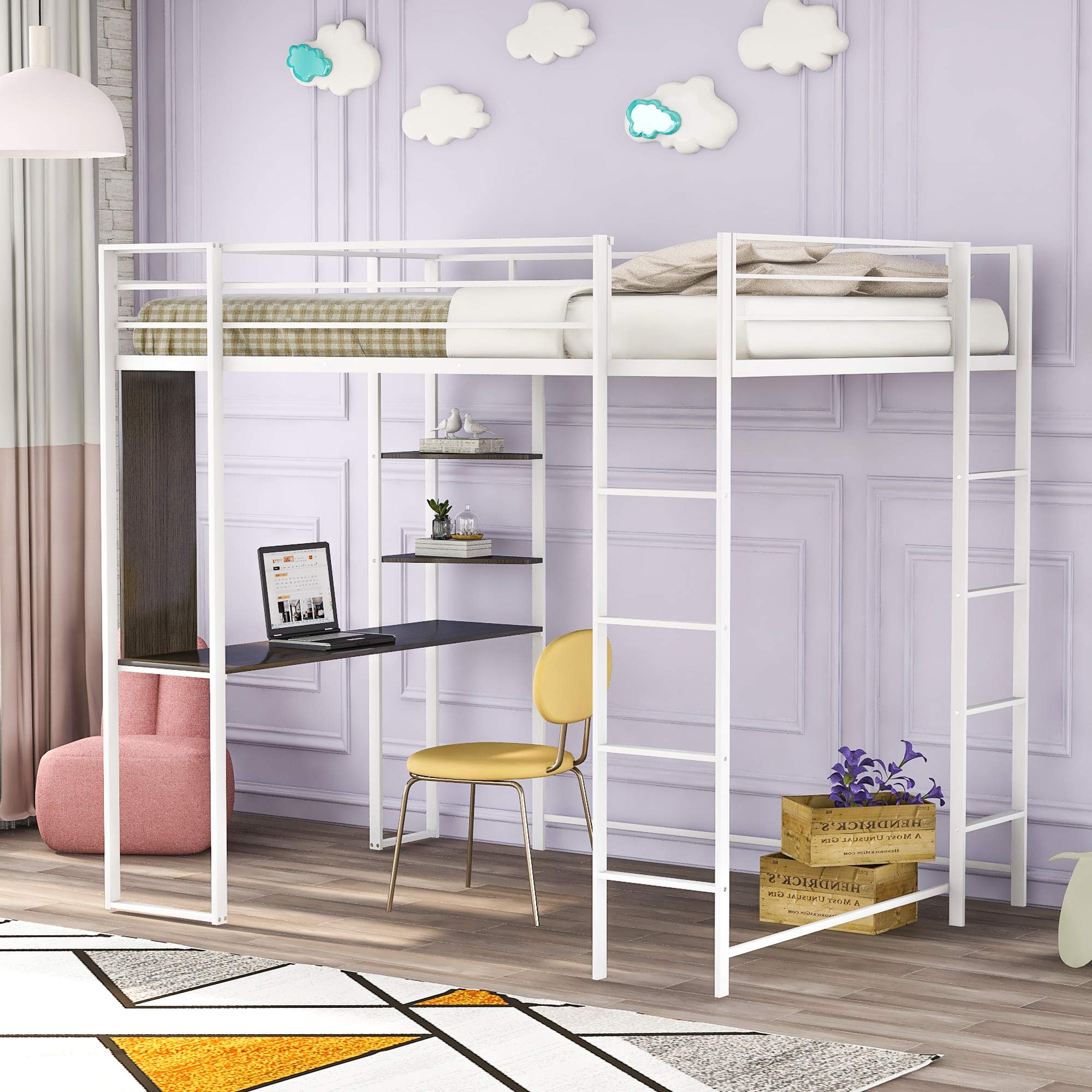 KLMM Metal Loft Bed with 2 Ladder & Built-in Desk, Storage Shelf & Full-Length Guardrail - Space Saving Twin Size Loft Bed Frame for Small Rooms - No Box Spring Needed (White) - Perfect for Kids, Teens & College Dorm Rooms