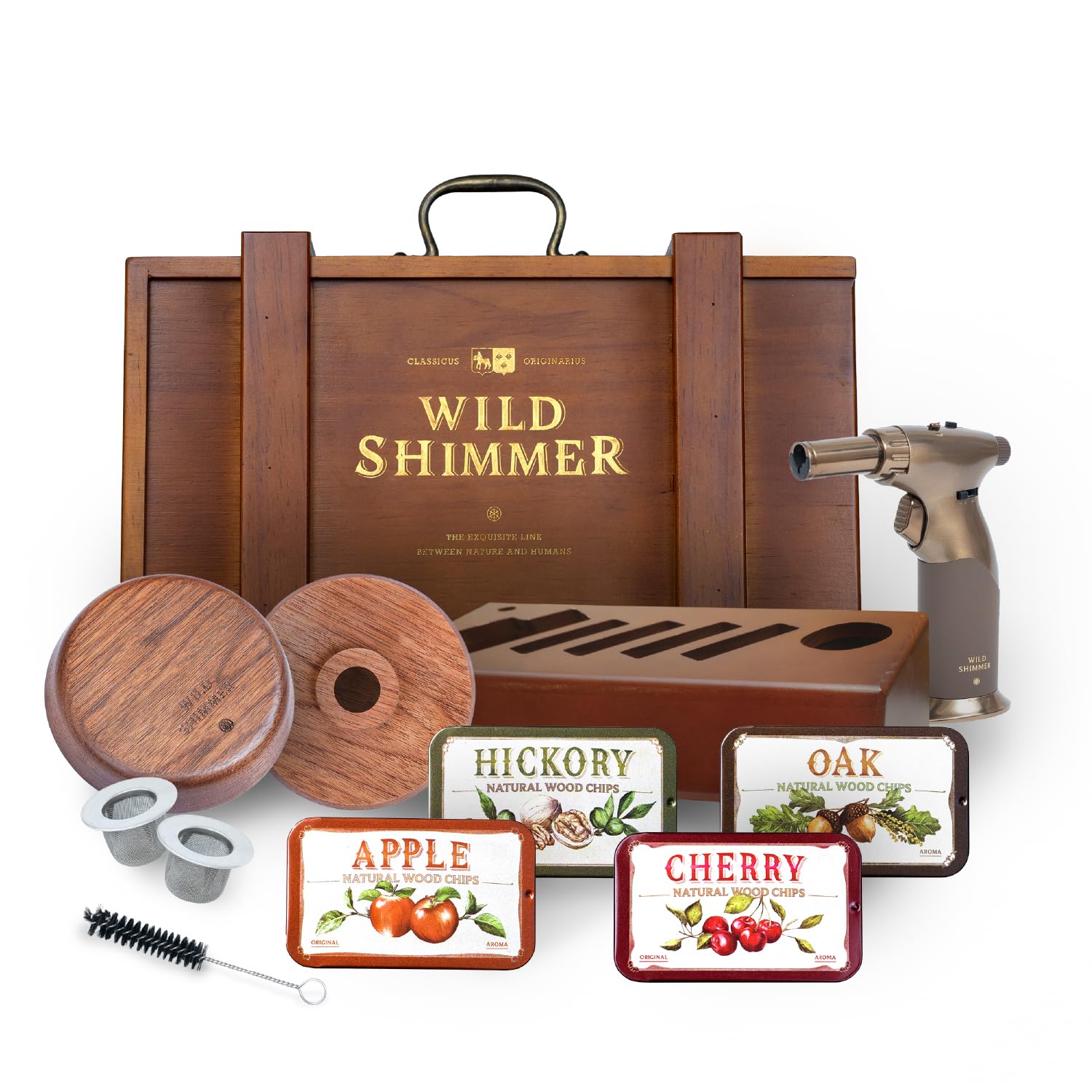 Premium Cocktail Smoker Kit by Wild Shimmer - Whiskey Smoking Set with Torch, Wooden Box & 4 Natural Wood Chip Flavors | Best Bourbon Gift for Men & Home Bartenders | Perfect for Cocktail Parties, Home Bars & Whiskey Tasting Events