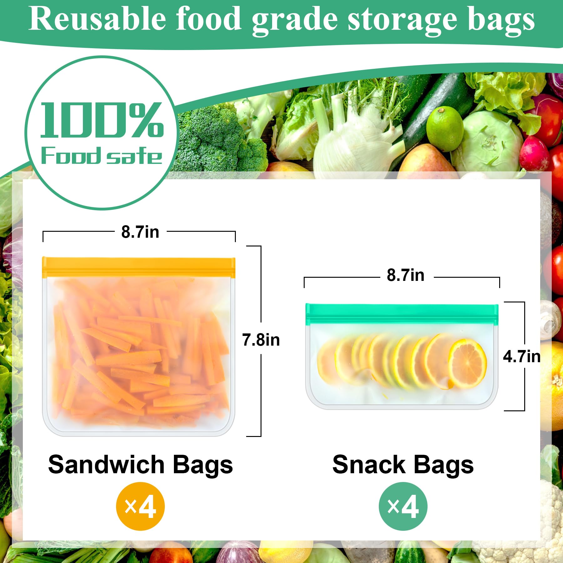 Reusable Silicone Food Storage Bags - 4 Sandwich & 4 Snack Bags | Leakproof Freezer Safe Ziplock Containers for Meal Prep, Travel, Picnic, Work & Home Use | Eco-Friendly Kitchen Essentials