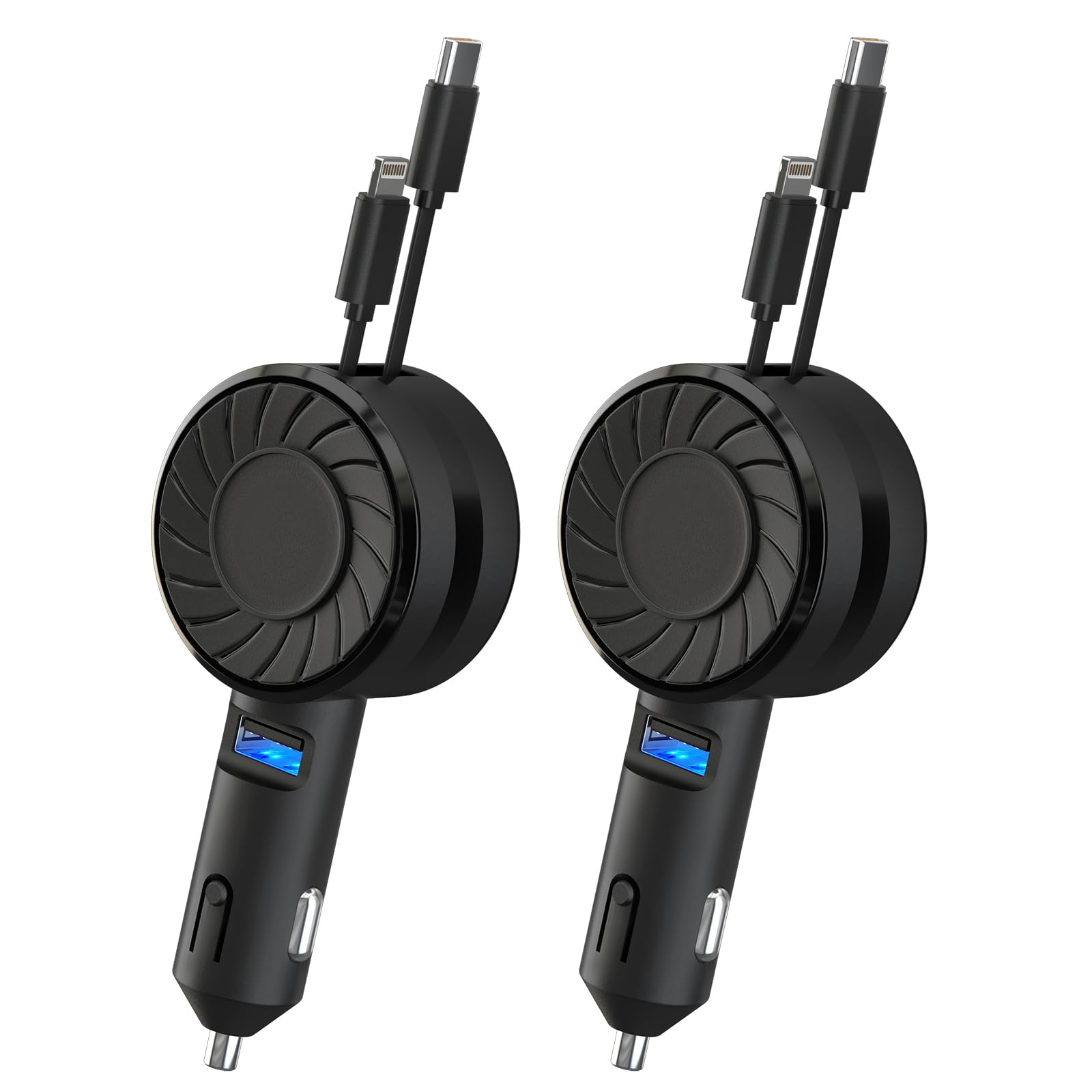 2-Pack Retractable 50W Fast Car Charger with 3-in-1 USB C & Cigarette Lighter Port - Compatible with iPhone 15 Pro/Samsung/Android/Pixel - Perfect for Road Trips & Daily Commutes