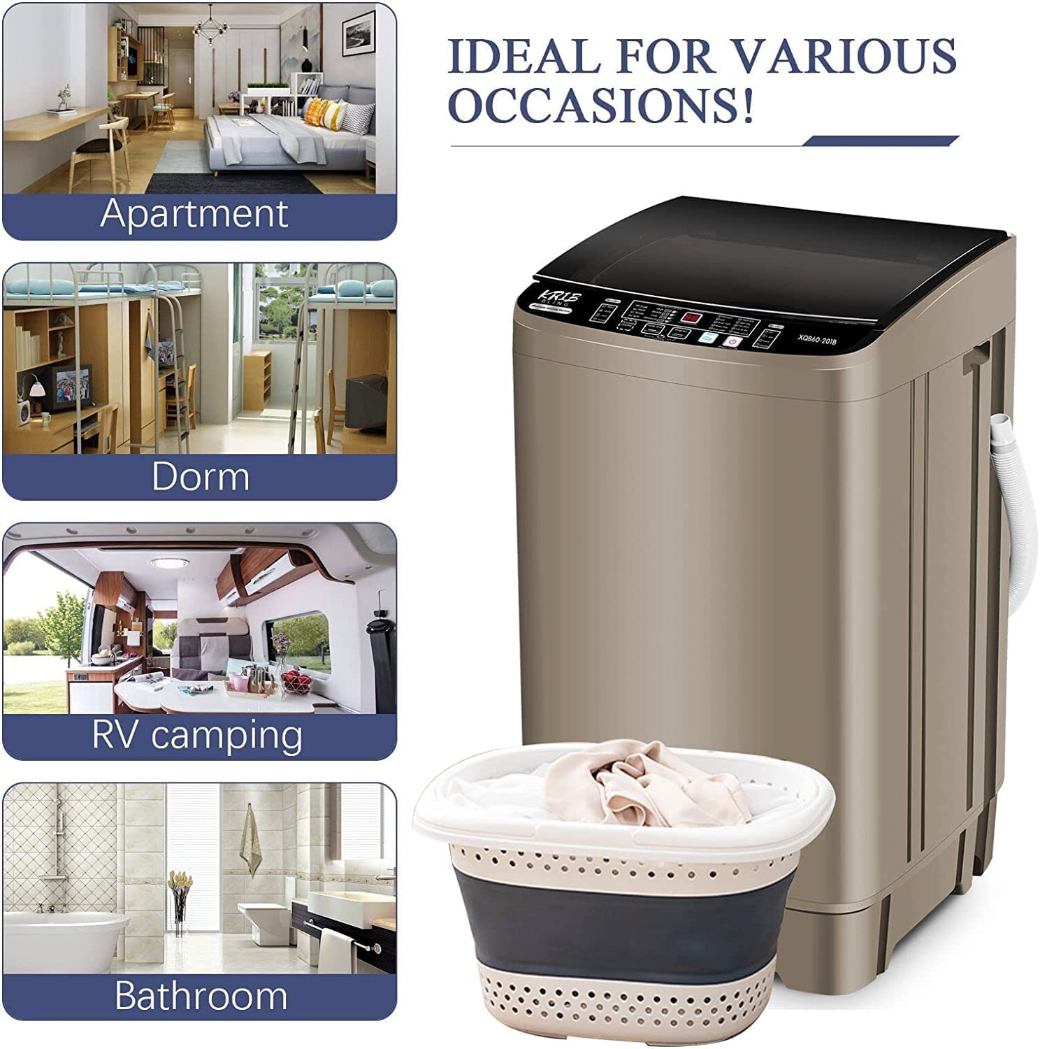 KRIB BLING Portable Full Automatic Washing Machine 17.7 lbs Capacity - Compact Washer with LED Display, Drain Pump, 10 Wash Programs & 8 Water Levels - Perfect for Dorms, Apartments, RVs, Camping & Small Spaces - Ideal for Laundry in Tight Spaces or On-the-Go