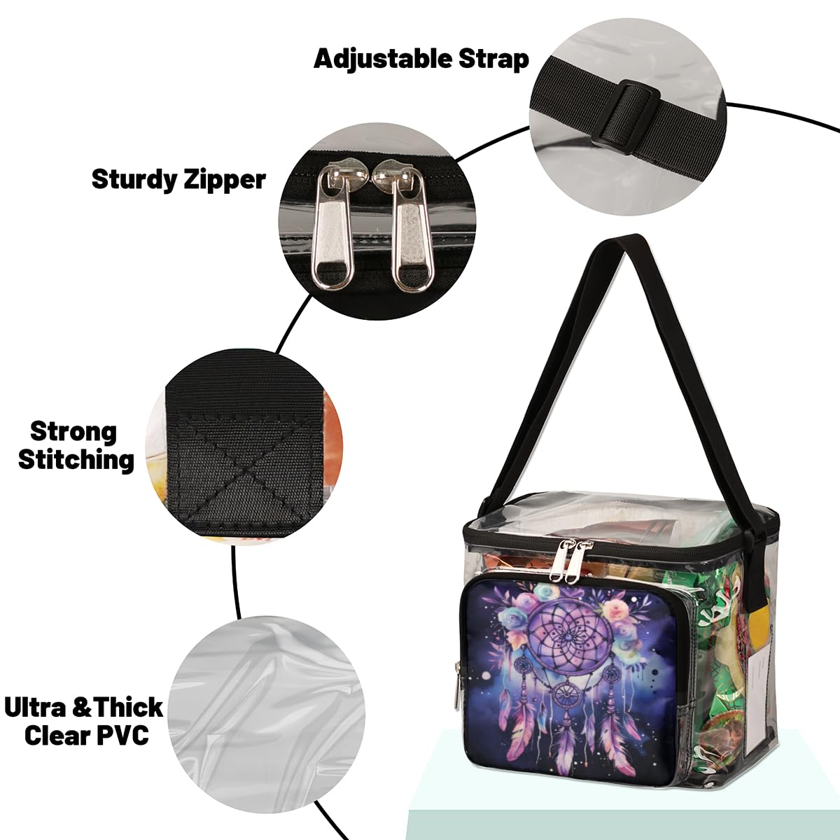 GzLeyigou Clear Transparent Tote Bag with Feathers & Flowers - Stadium Approved Crossbody Shoulder Bag for Outdoor, Travel, Picnic, Concerts & Sports Events | Perfect for Beach, Shopping, Music Festivals and Theme Parks