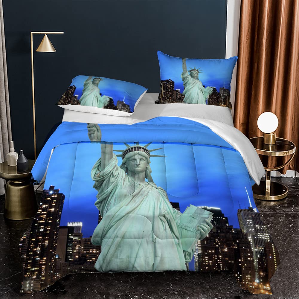 YEARGER London New York Paris Landscape Print Comforter Set - 3 Piece Quilted Bedding with 2 Pillow Shams, Retro Cityscape Design (Twin 172x218cm) - Perfect for Urban-Themed Bedrooms & Travel Enthusiasts