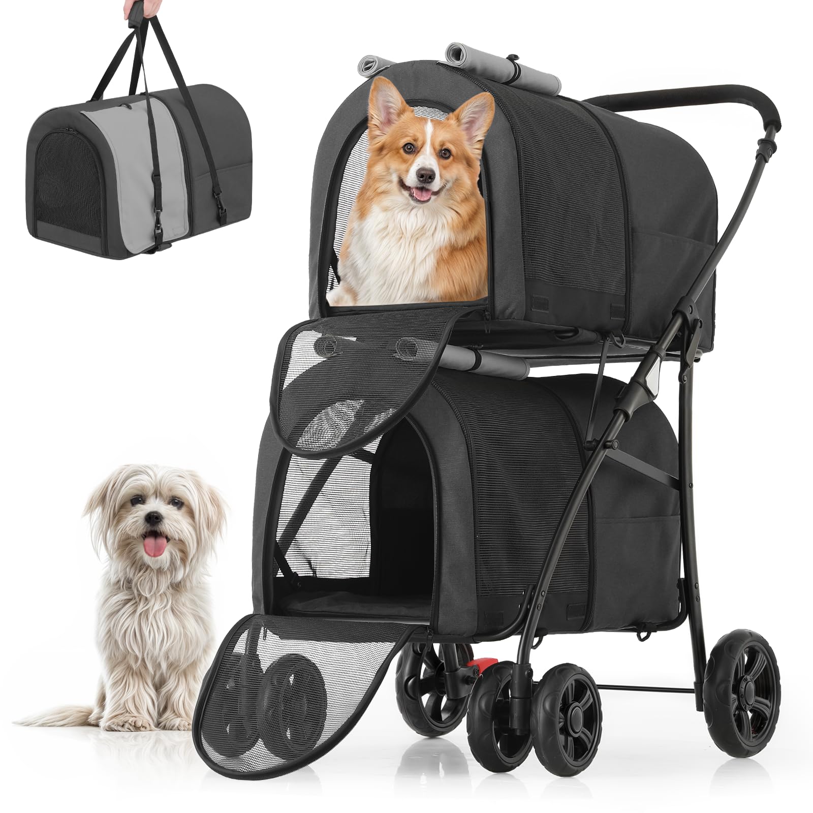 MoNiBloom Double Dog Stroller with Detachable Carrier Bags - Large 4-Wheel Foldable Pet Jogger for Small & Medium Dogs & Cats (Black/Gray) - Perfect for Park Walks, Vet Visits & Outdoor Adventures