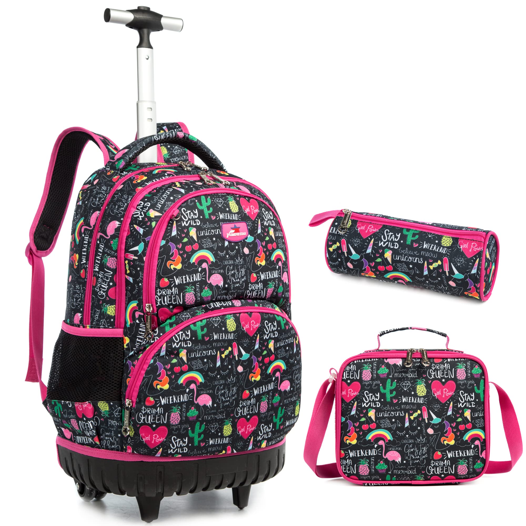 Jasminestar 18 Inch Rolling Backpack for Kids - Wheeled School Backpack with Lunch Bag & Pencil Case for Boys and Girls - Perfect for School, Travel, and Daily Use