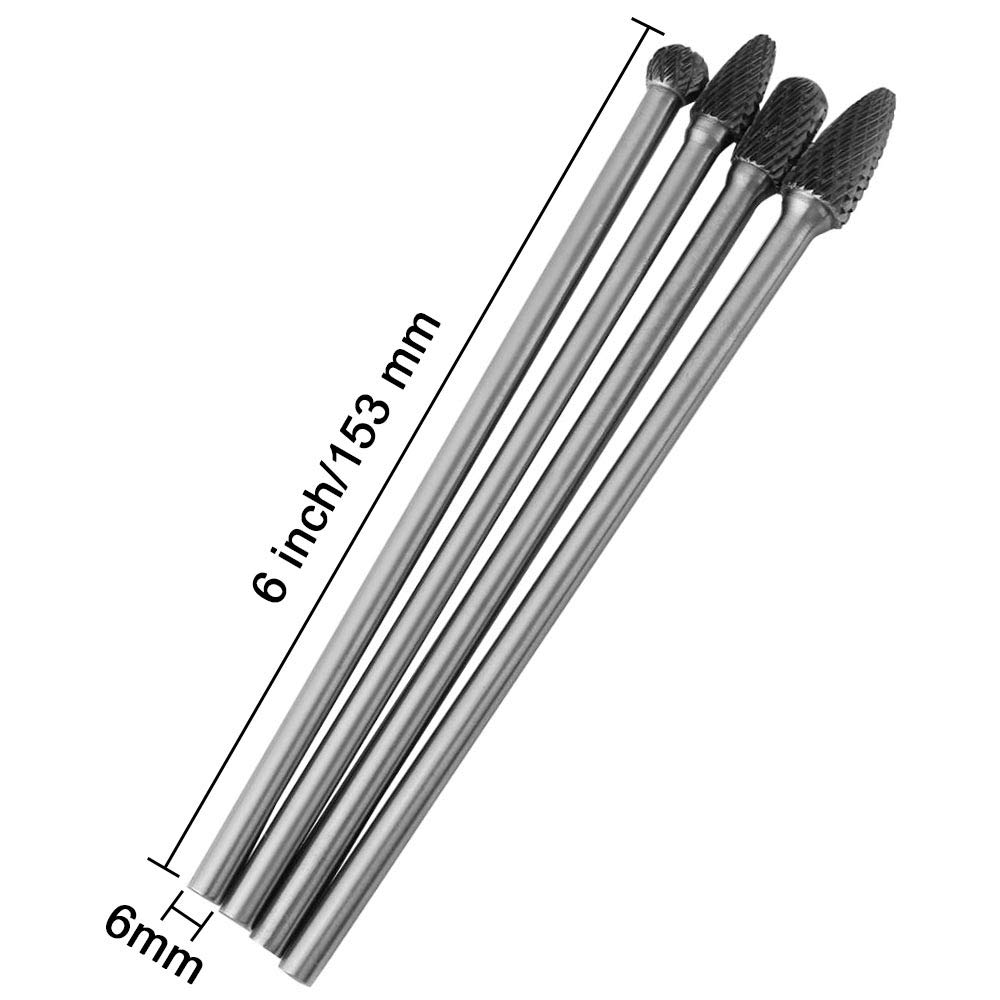 Wolfride 4-Piece Long Shank Tungsten Carbide Burr Set - 6mm Shank Die Grinder Bits for Metal Working, Engraving & Carving (6-Inch Length) - Perfect for Metal Fabrication, Woodworking & DIY Projects