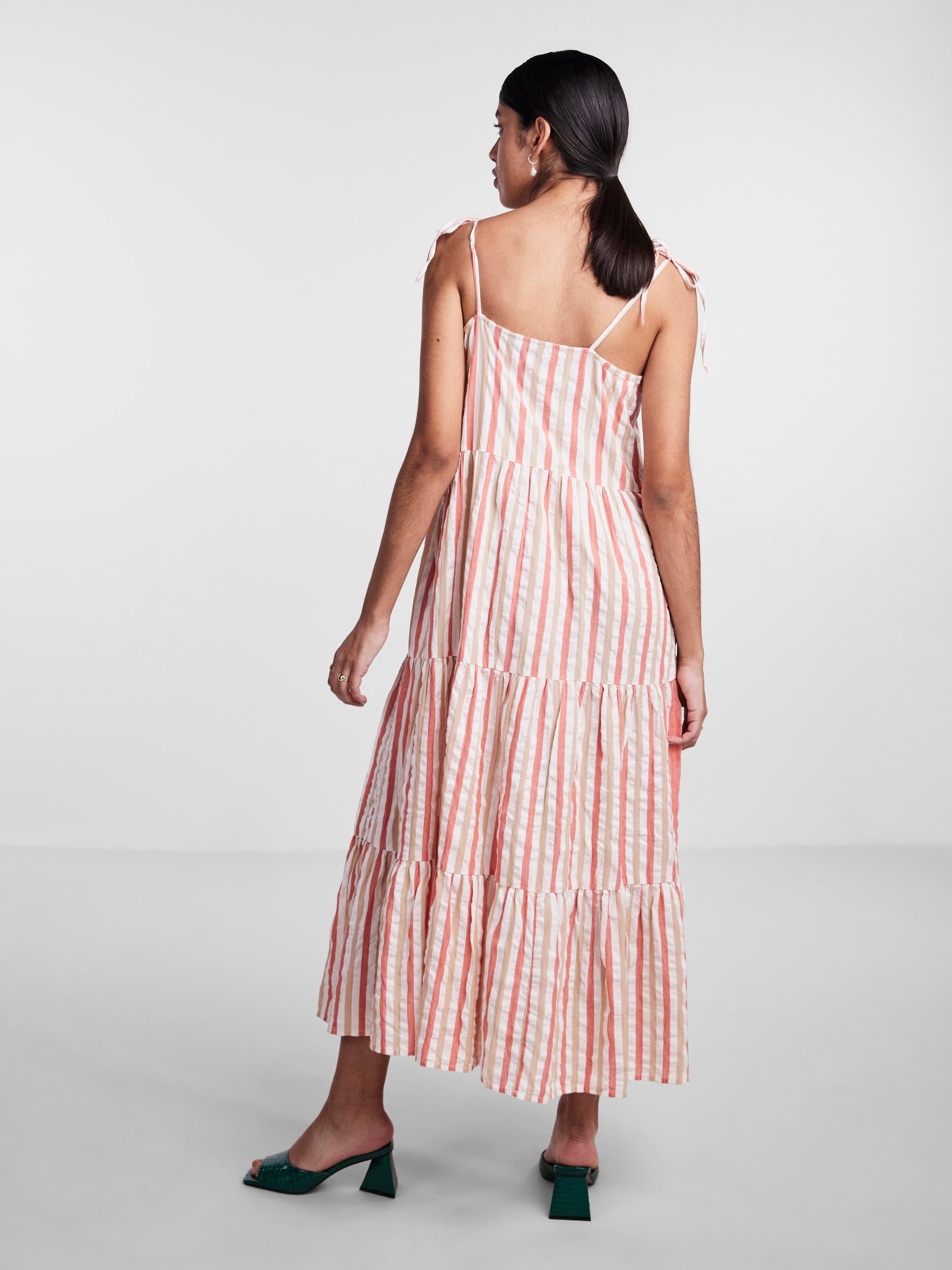 Lacey Maxi Dress Coral Stripe - Elegant Flowy Long Dress for Women, Perfect for Beach Vacations, Summer Parties, and Casual Outings
