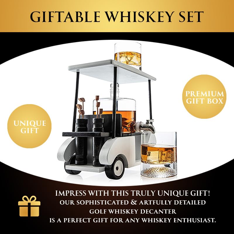 Golf Cart Whiskey Decanter Set with 2 Glasses - 850ml Replica Decanter & 8oz Glasses - Unique Golf Gifts for Men & Women - Perfect for Golf Enthusiasts, Home Bars & Special Occasions