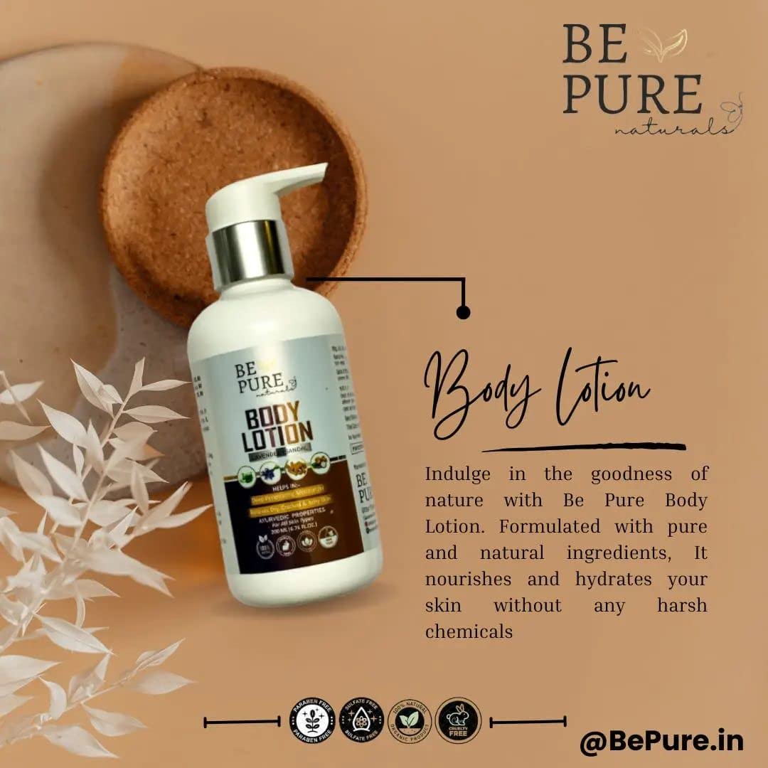 Be Pure Naturals Sandalwood & Lavender Body Lotion - Ultra Light Moisturizer for Smooth, Acne-Free Skin - 200ml Hydrating Lotion for Daily Use, Dry Skin Relief & Relaxation Therapy