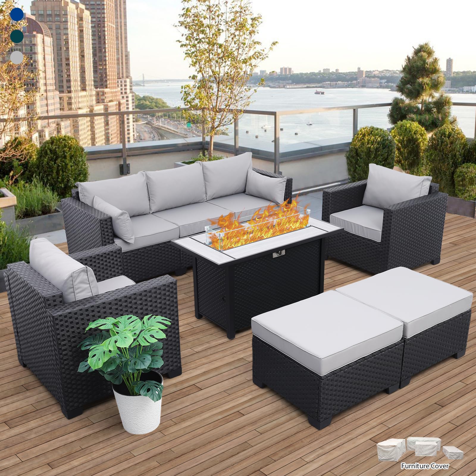 Rattan Patio Furniture Set with 60,000 BTU Propane Fire Pit Table - 6-Piece Outdoor Sofa & Chairs, Anti-Slip Cushions & Waterproof Covers (Light Grey) - Perfect for Backyard, Garden & Poolside Relaxation