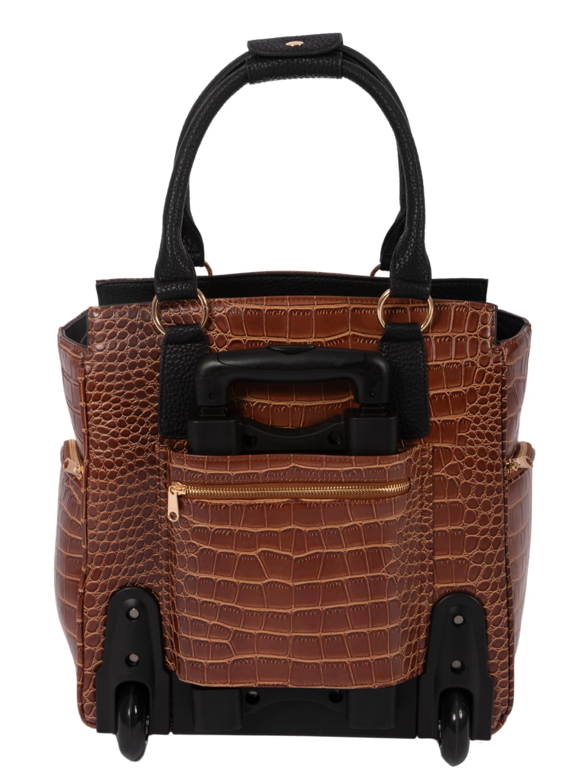 Stylish Women's Rolling Laptop Bag - Compact Brown Alligator Print Tote with Wheels for 13