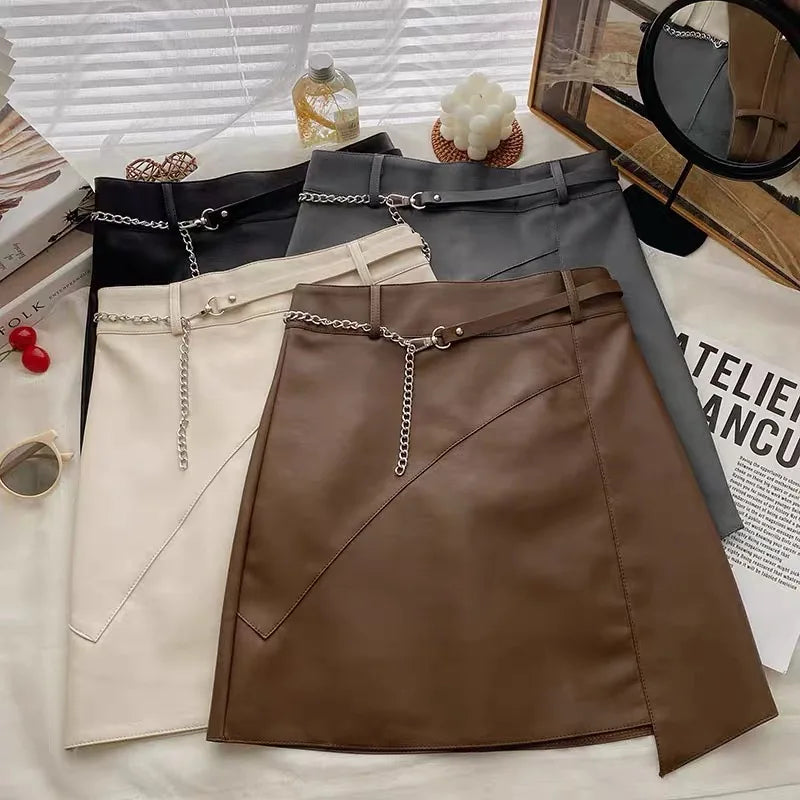 Autumn Women's Brown Chain Belt Mini Skirt - High Waist Slim Leather Bodycon Wrap Hip Short Skirt for Streetwear & Night Out | Trendy Fashion for Parties, Dating & Casual Wear