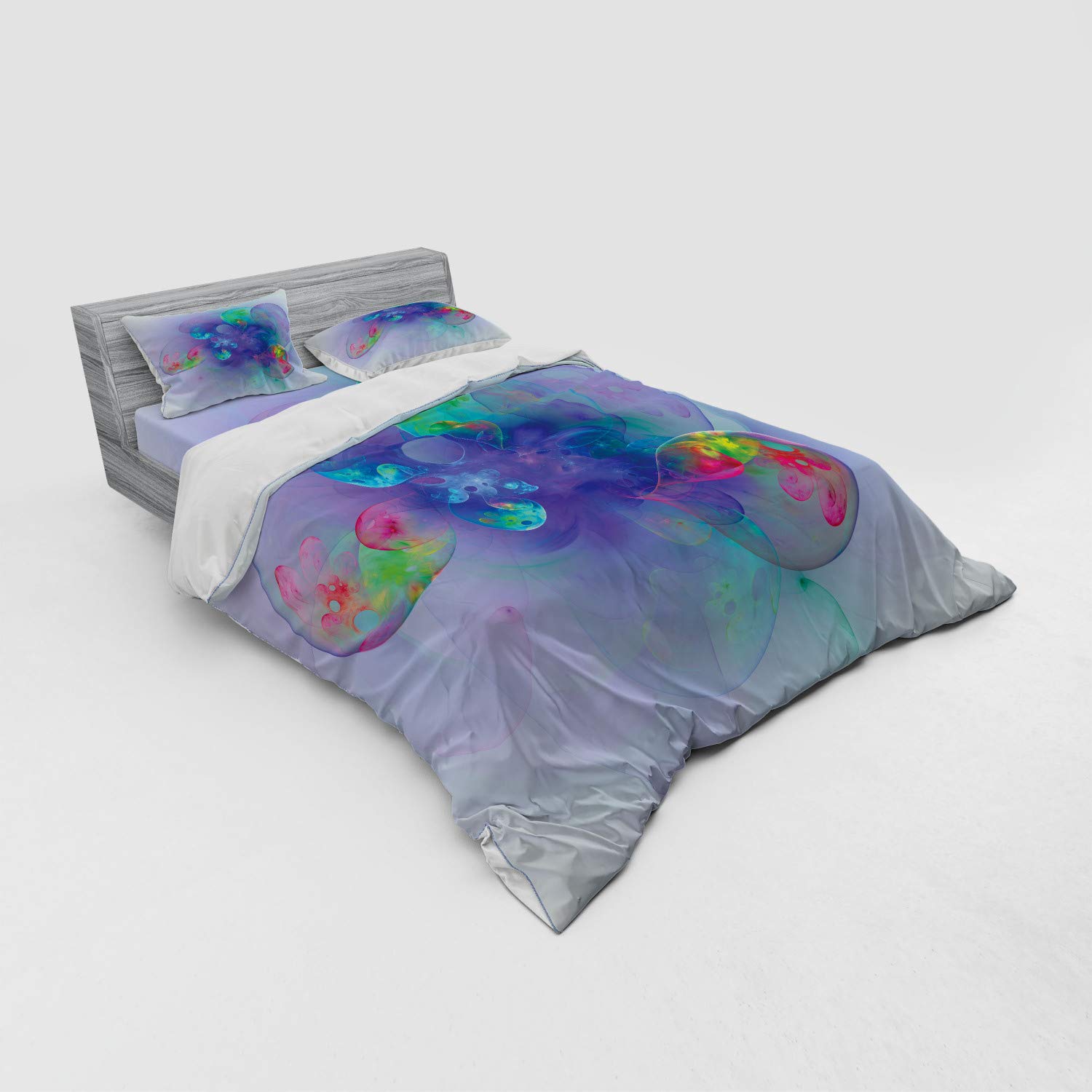 Ambesonne Psychedelic Abstract Duvet Cover Set - 4 Piece Queen Size Bedding with Shams & Fitted Sheet - Trippy Digital Print in Violet Red - Perfect for Bohemian Bedrooms, Dorm Rooms & Festival Camping
