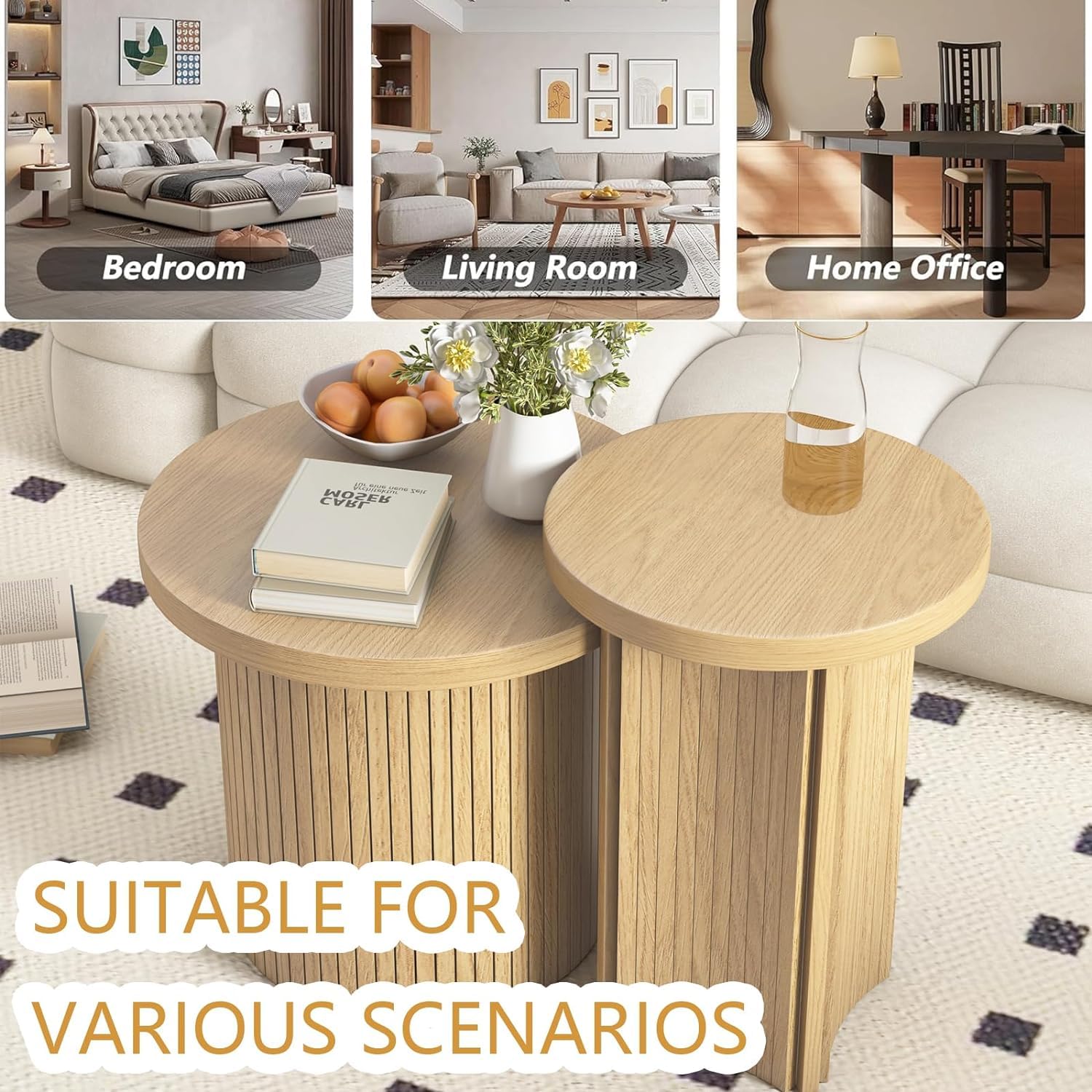 Round Nesting Coffee Table Set of 2 - Wood Finish Stackable Side Tables for Living Room & Bedroom - Rustic Modern Sofa Tables (Small Size) - Perfect for Small Spaces, Apartments and Cozy Home Decor