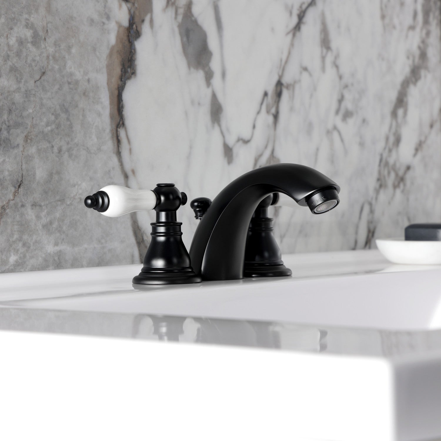 American Patriot KB950APL Matte Black Two-Handle 3-Hole Mini Widespread Bathroom Faucet with Pop-Up Drain - Perfect for Modern Vanities and Small Bathroom Spaces
