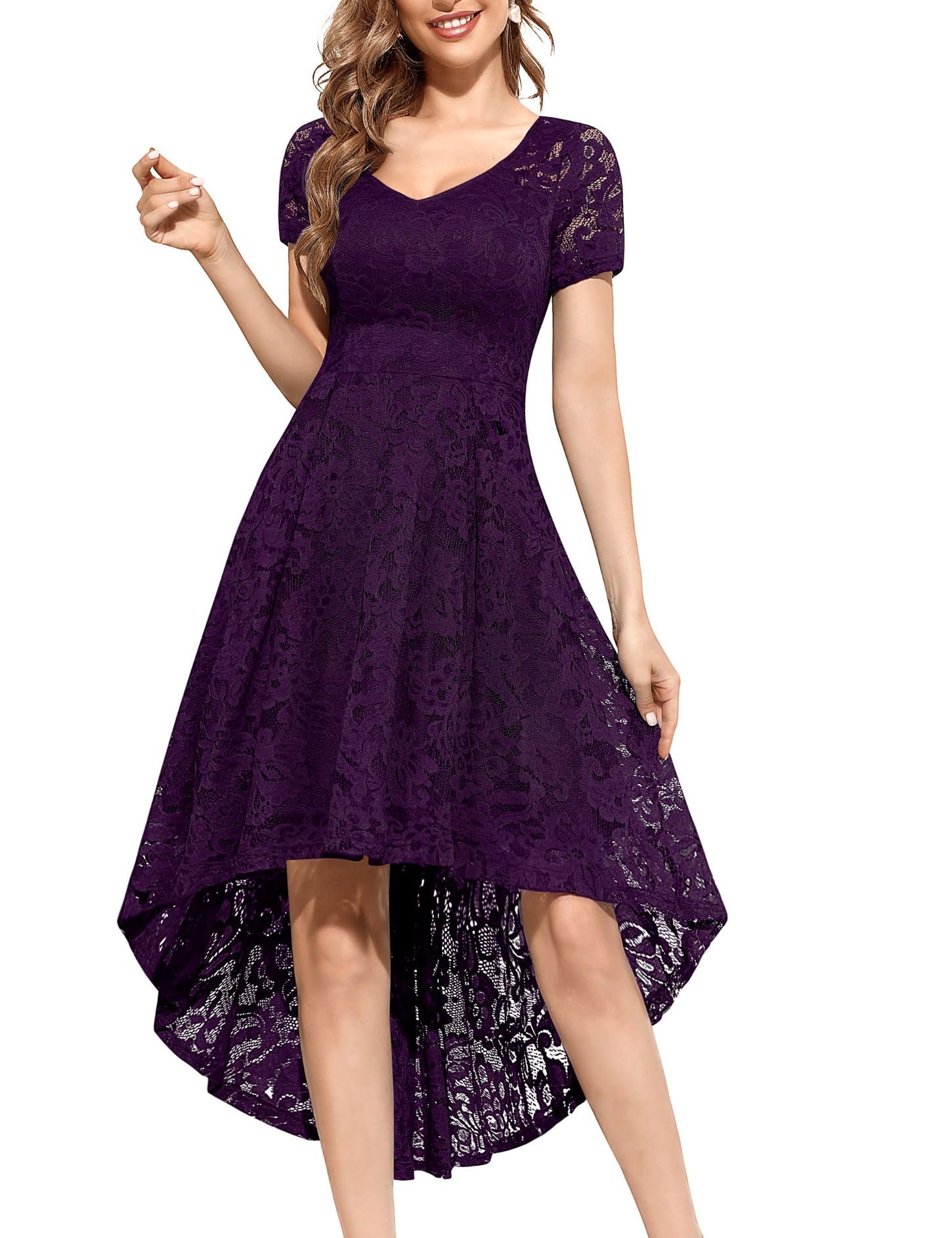 MUADRESS Women's Floral Lace Bridesmaid Dress - Elegant High Low Hem V-Neck Formal Gown for Weddings, Parties & Cocktail Events | Perfect for Bridal Showers, Evening Receptions & Special Occasions