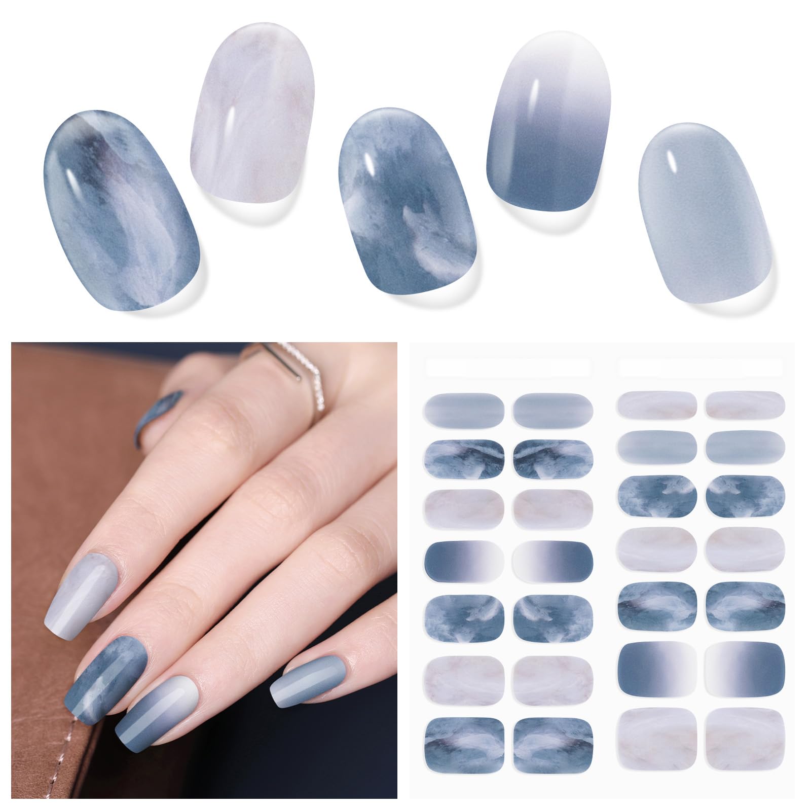 Semi Cured Gel Nail Strips - 28 PCS DIY UV Gel Nail Wraps for Home Manicure, Works with Any UV/LED Light, Long Lasting Nail Stickers (Dreamy Waves Design) - Perfect for Salon-Quality Nails at Home, Parties & Special Occasions