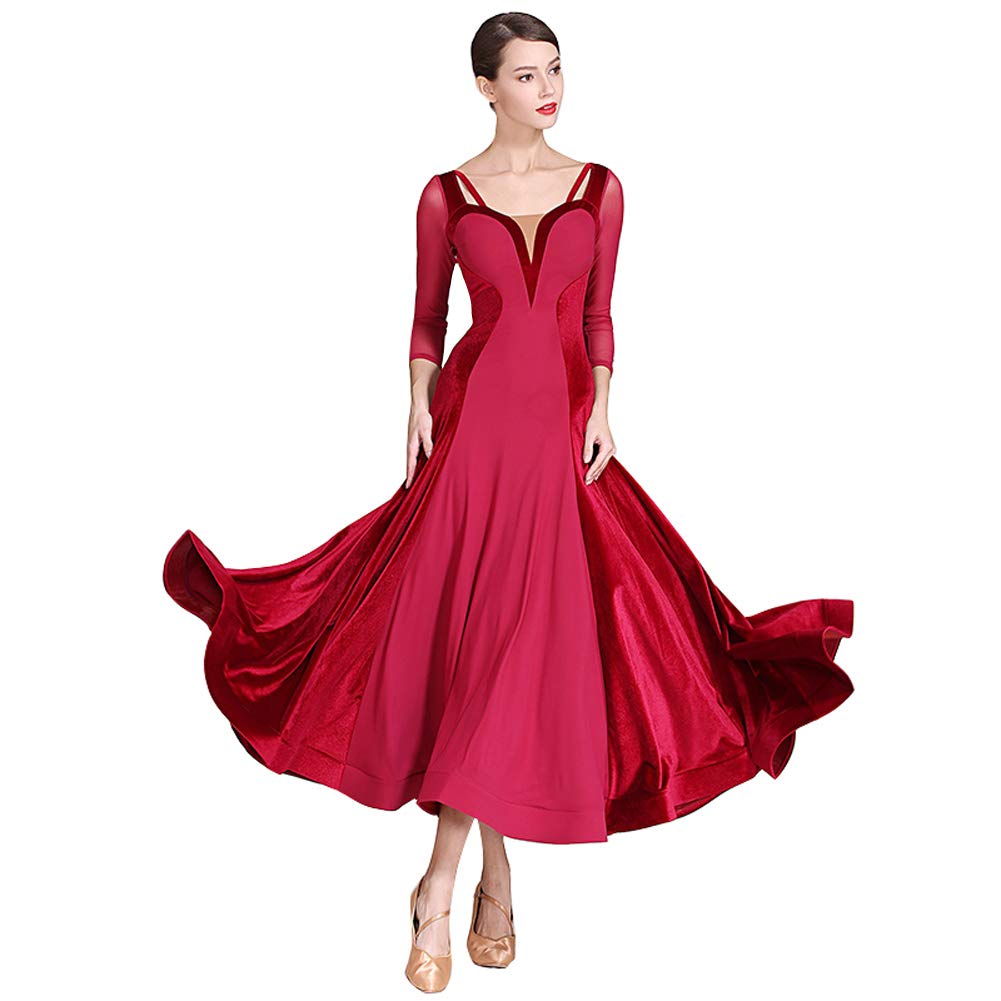 Elegant Mesh & Velvet Ballroom Dance Dress - Flamenco Waltz Performance Gown for Competition & Standard Practice Wear | Perfect for Latin, Ballroom & Social Dance Events