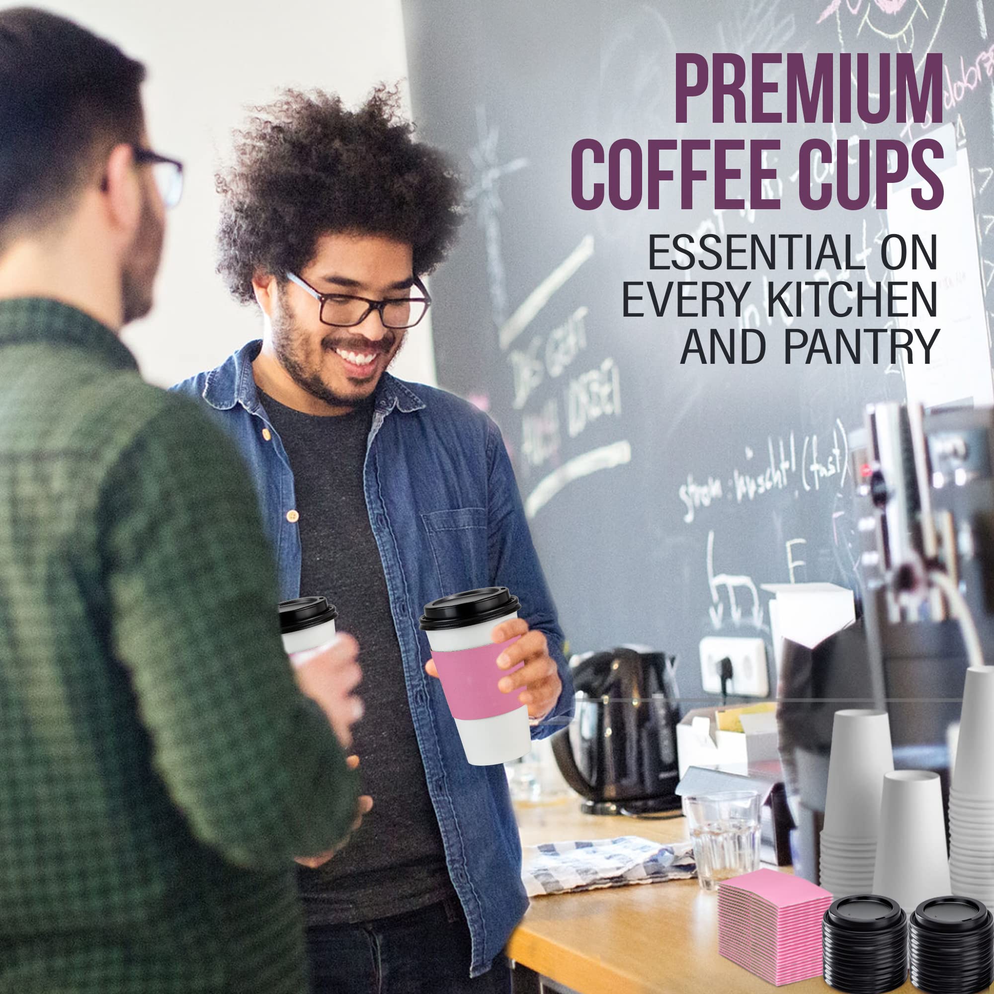 500 Pack 16 oz Disposable Coffee Cups with Lids & Pink Sleeves - Lead-Free Sturdy To-Go Hot Paper Cups for Coffee, Tea, Parties, Weddings, Birthdays - Ideal for Home, Office, Cafes & Events (Black Lids)