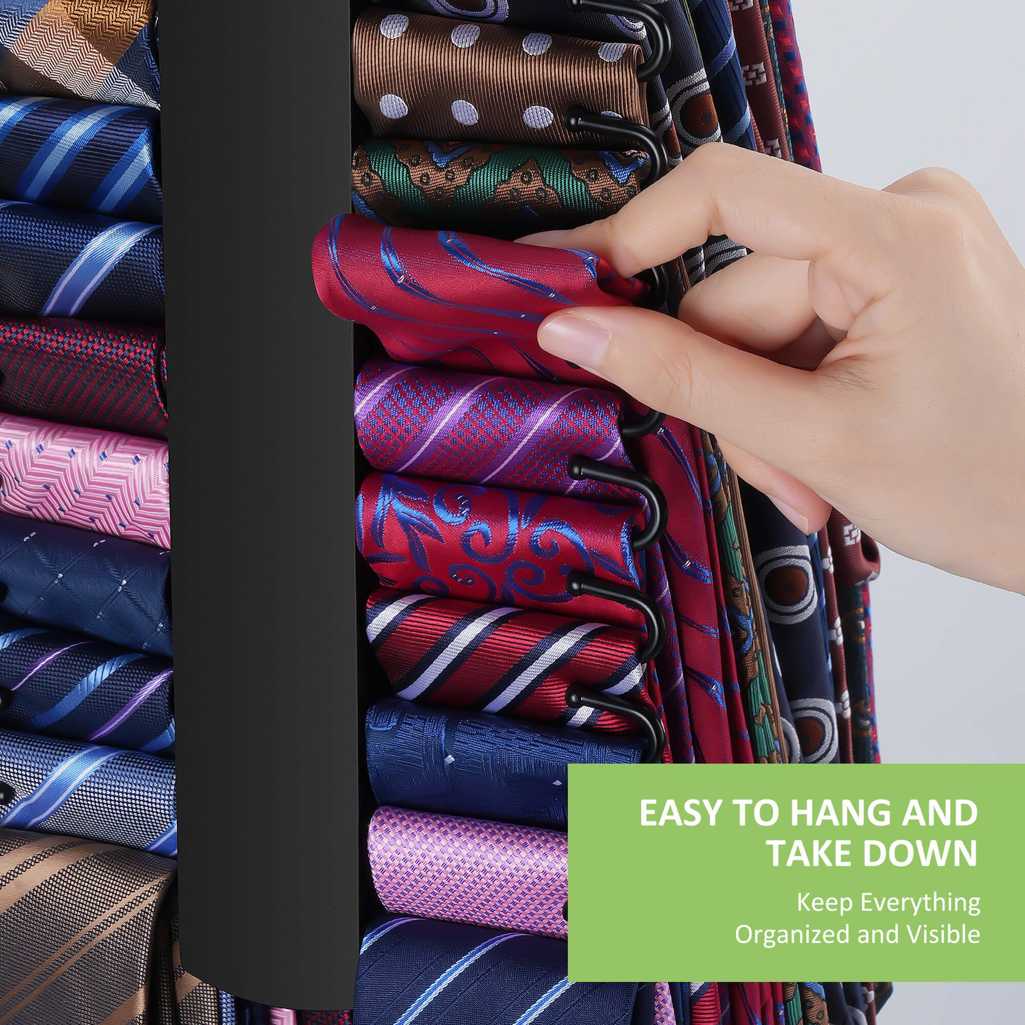 Upgraded Wooden Tie Rack Hanger with 30 Metal Hooks - Space Saving Necktie Organizer for Men's Closet - Large Capacity Sturdy Tie Holder for Office, Home & Travel - Black Closet Storage Organizer