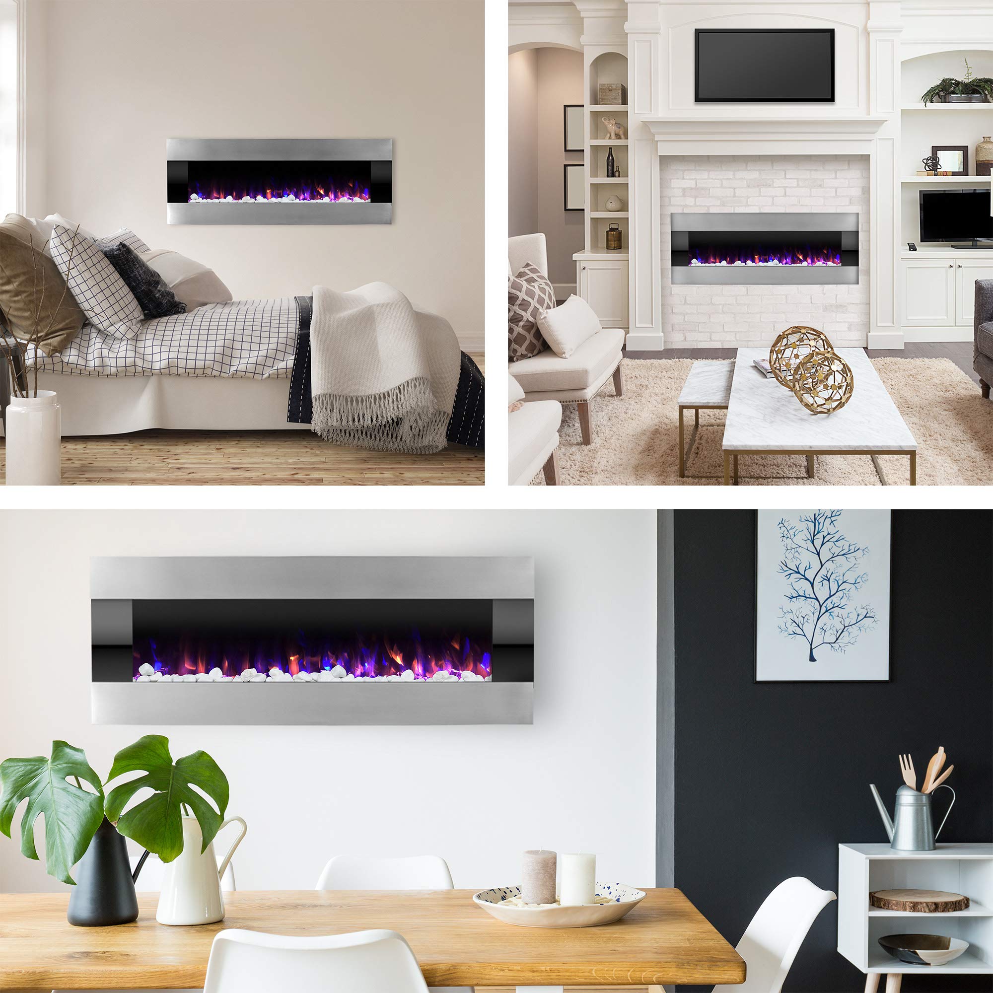 54 Inch Wall Mounted Electric Fireplace Heater - Adjustable LED Flame Colors, Remote Control, Timer & Thermostat - Perfect for Living Room, Bedroom & Office (Silver)