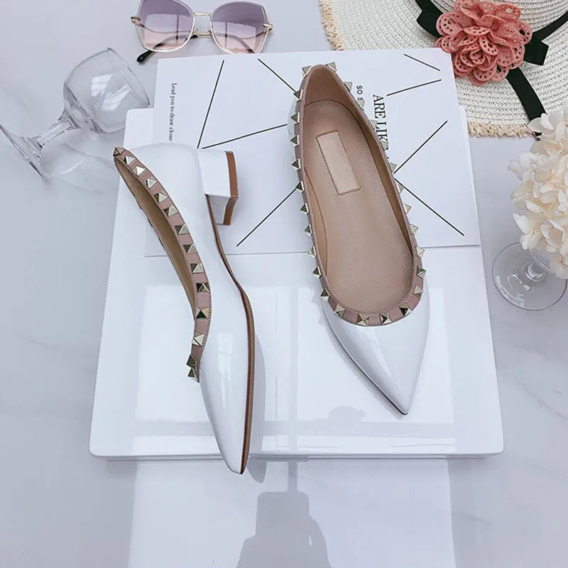 Luxury Leather Rivet High Heels for Women - Designer Pointed Toe Square Heel Pumps | Perfect for Evening Parties, Weddings & Office Wear