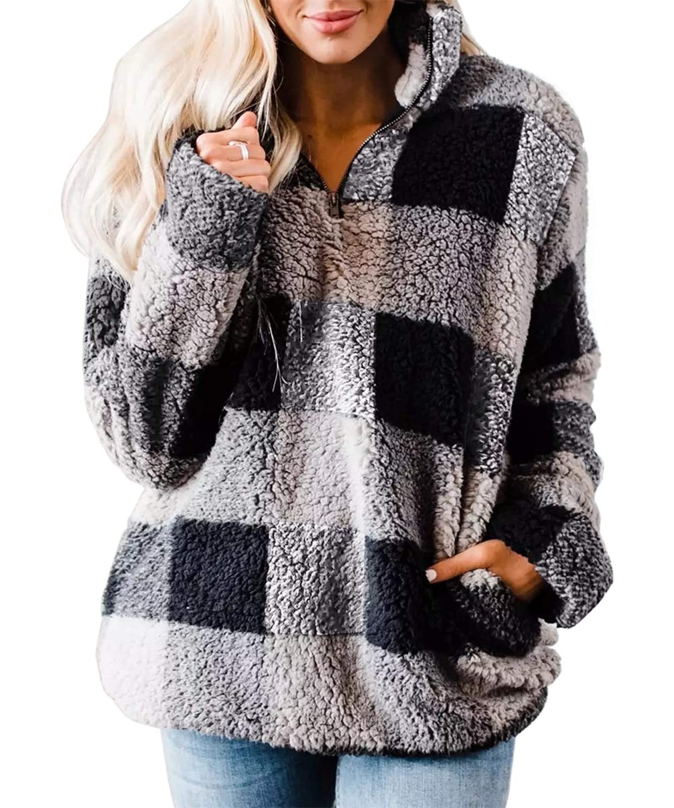 ZESICA Women's Plaid Long Sleeve Sherpa Fleece Jacket - Warm Zip Up Pullover Coat for Fall & Winter | Casual Outfits, Outdoor Activities, and Layering
