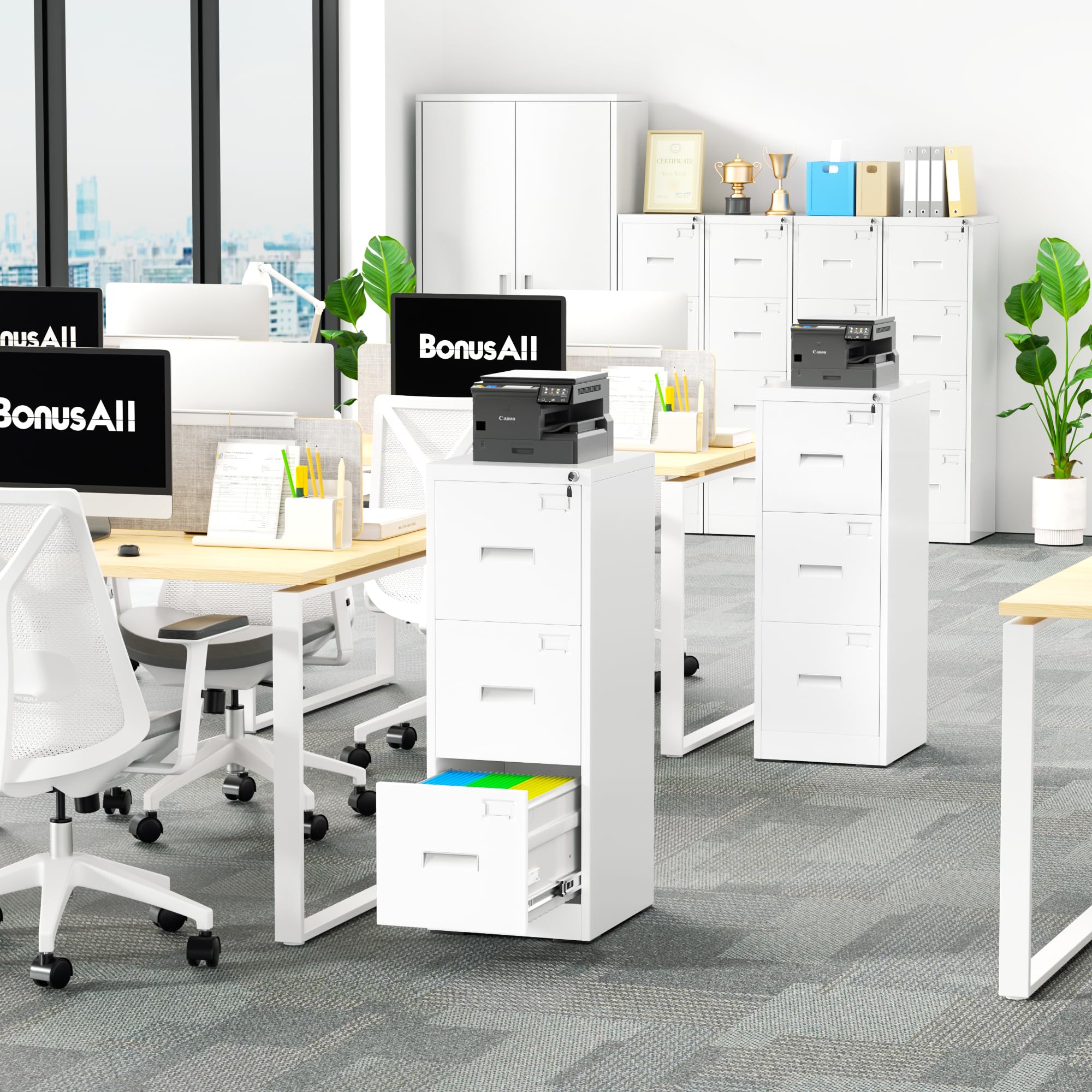 Bonusall 3-Drawer Vertical File Cabinet with Lock - Metal Office Filing Cabinet for Legal/Letter Size Documents, White | Secure Storage for Home & Office Organization with Hanging File Rack