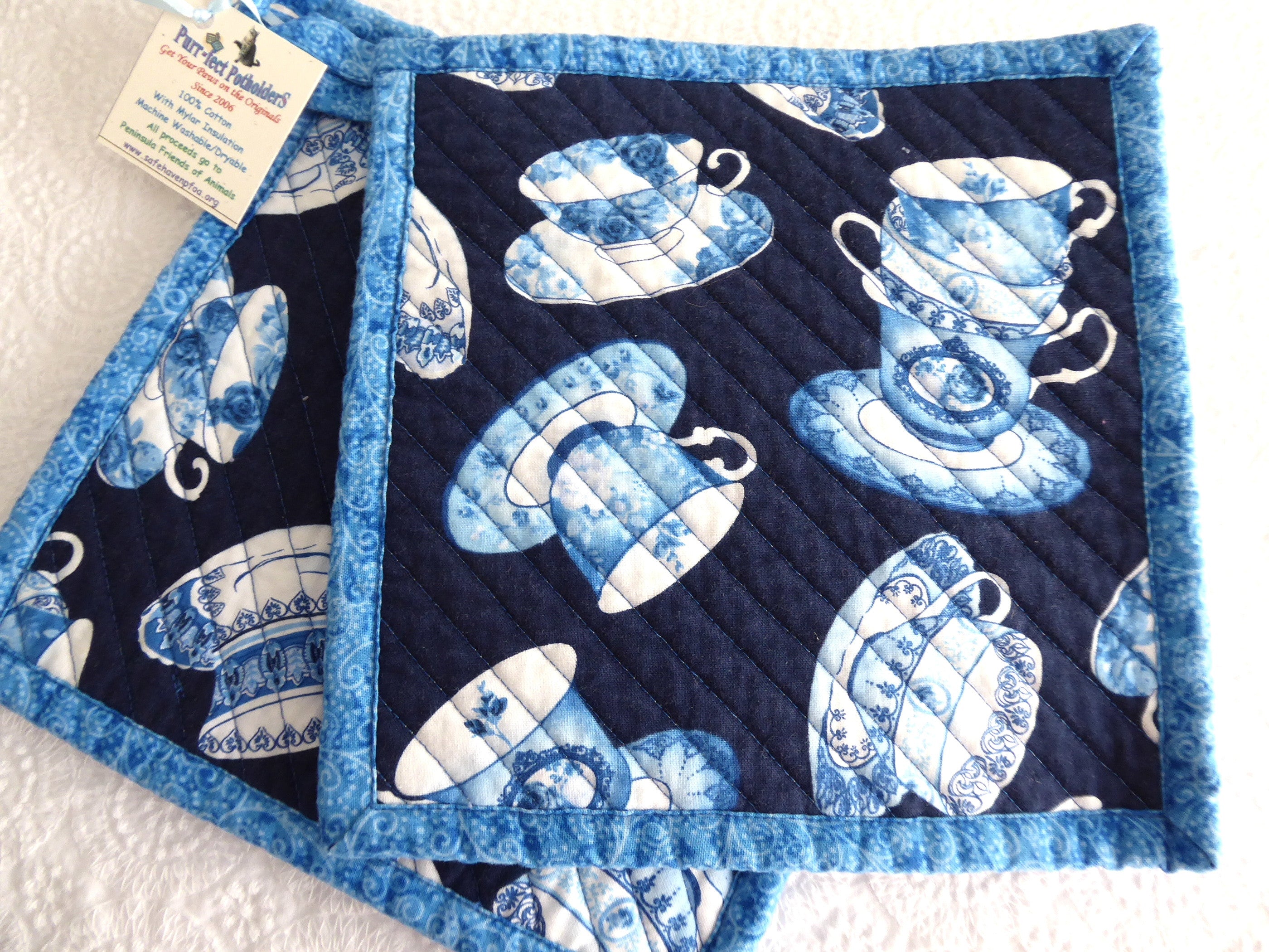 Handmade Blue Padded Teacup Potholders Set of 2 - Heat Resistant Kitchen Mitts for Hot Dishes & Baking - Supports Animal Charity - Perfect for Tea Parties, Cooking & Gift Giving