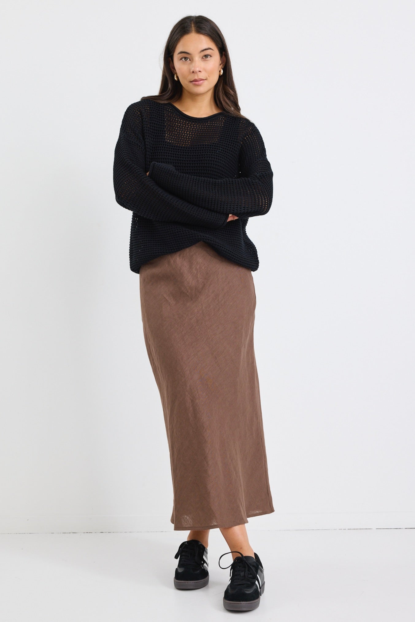 Bliss Chocolate Linen Bias Midi Skirt - Women's Summer A-Line Skirt with Pockets | Perfect for Beach Vacations, Brunch Dates & Casual Outings
