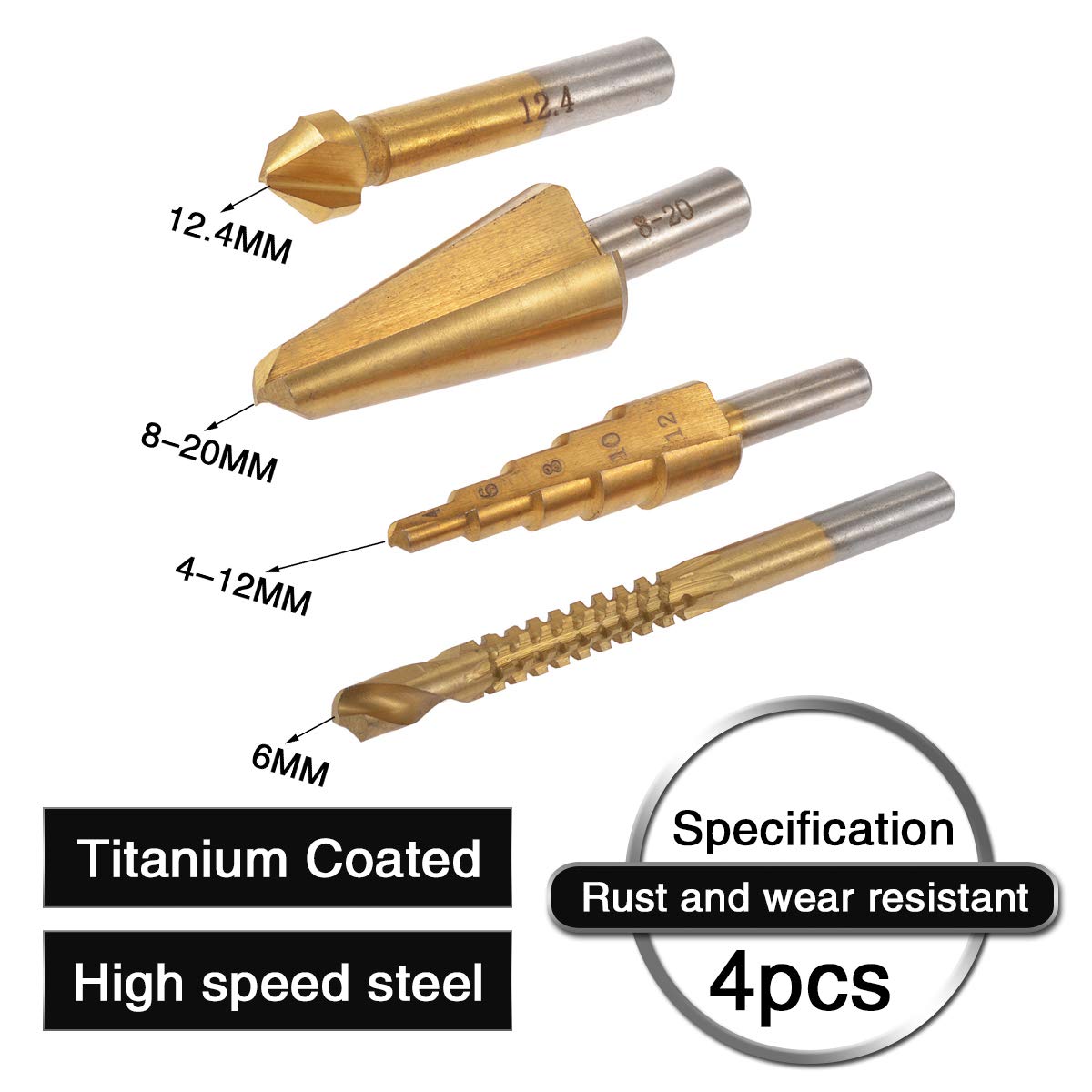 KATUR 4Pcs HSS Titanium Coated Drill Bit Set - 6mm Saw Twist, 4-12mm Step, 8-20mm Umbrella, 12.4mm Chamfering End Mill Cutter (Round Shank) for Metal, Wood, Plastic Drilling | DIY Projects & Professional Use