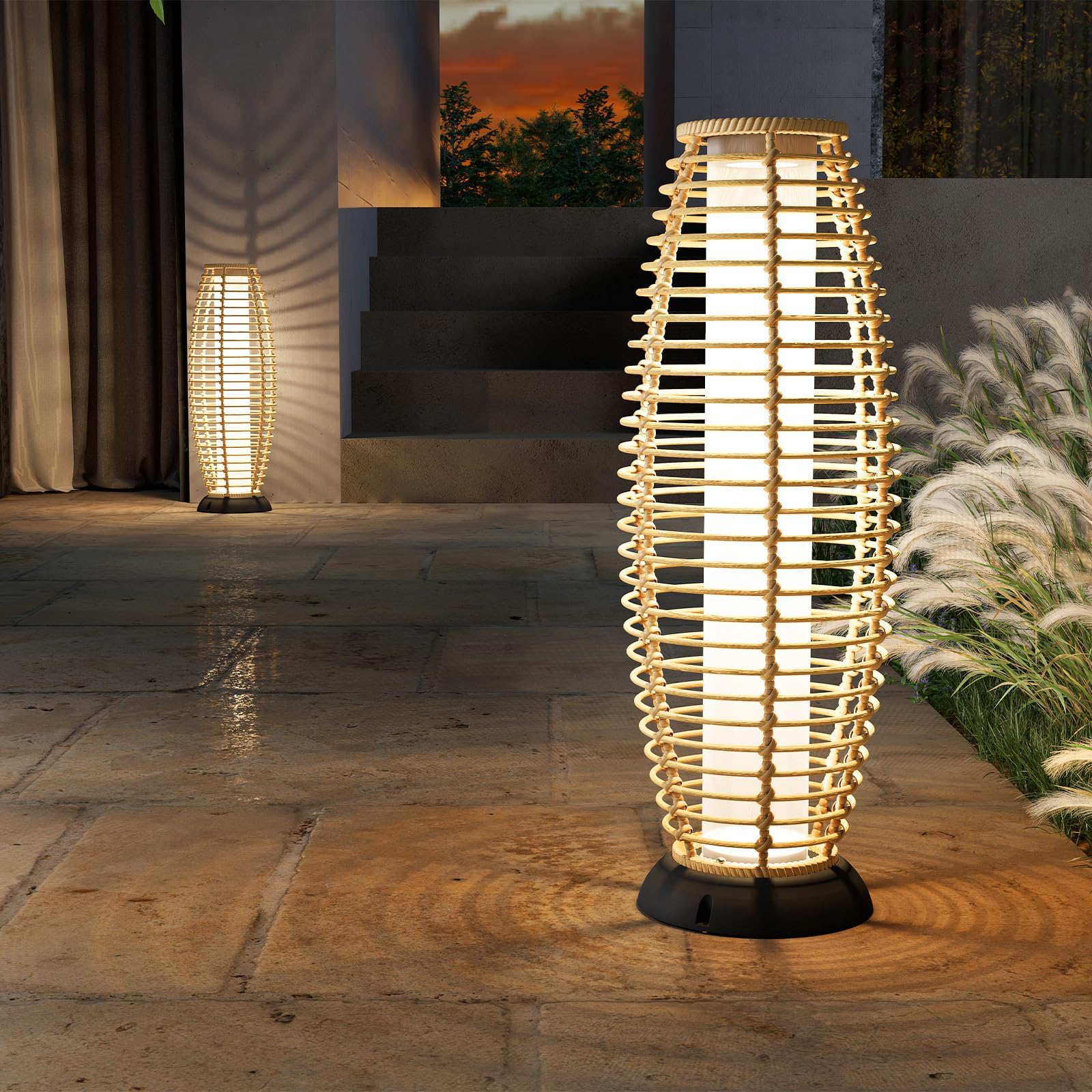 Grand Solar-Powered Outdoor Patio Floor Lamp - Weather-Resistant Wicker Deck Light for Garden, Large Size in Austin Natural Brown | Perfect for Backyard, Porch & Landscape Lighting