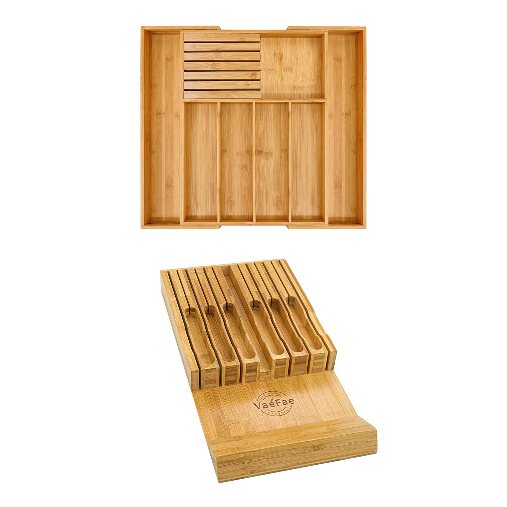 VaeFae Bamboo Drawer Organizer Set - Silverware & Knife Organizer Insert for Kitchen Utensils | Perfect for Kitchen Drawer Storage & Organization