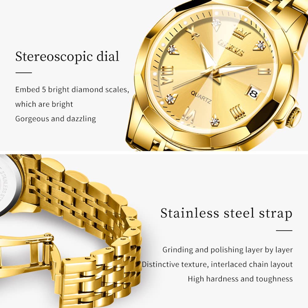 OLEVS Women's Gold Stainless Steel Waterproof Analog Watch with Date & Day - Small Face Quartz Ladies Watch - Fashion Gold, Black & White Dials - Perfect for Office, Party & Everyday Wear