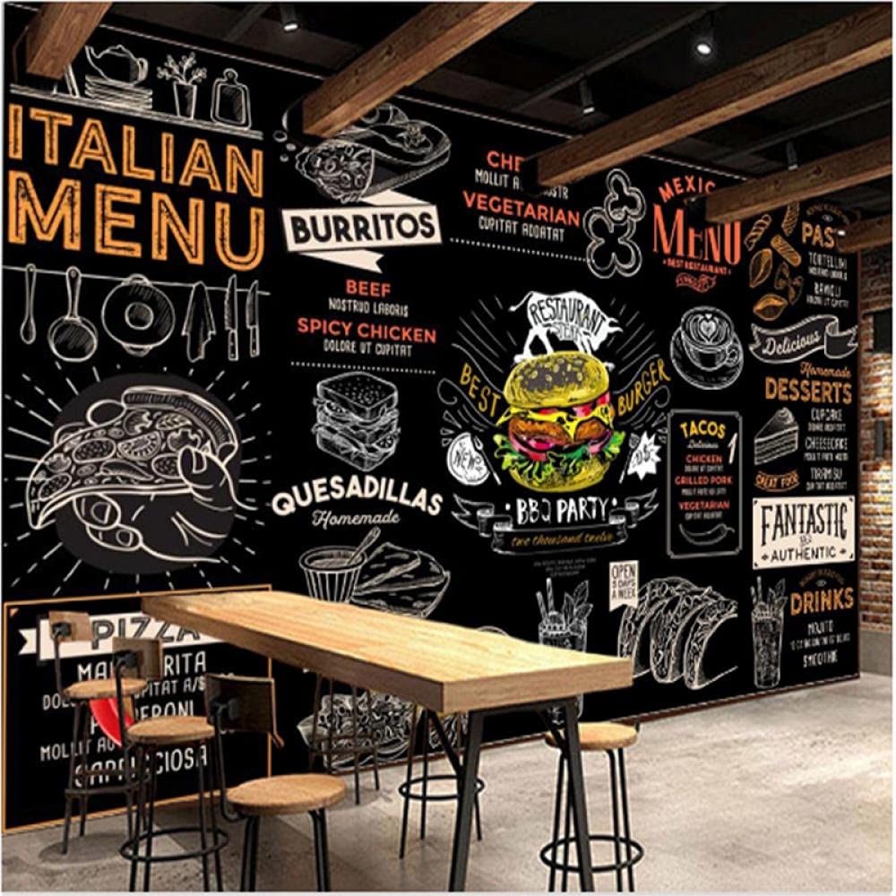 3D Mural Wallpaper - American & European Style Fast Food Theme (Burger, Pizza) - 300x210cm - Perfect for Restaurant, Cafe, Snack Bar & Home Decor Background