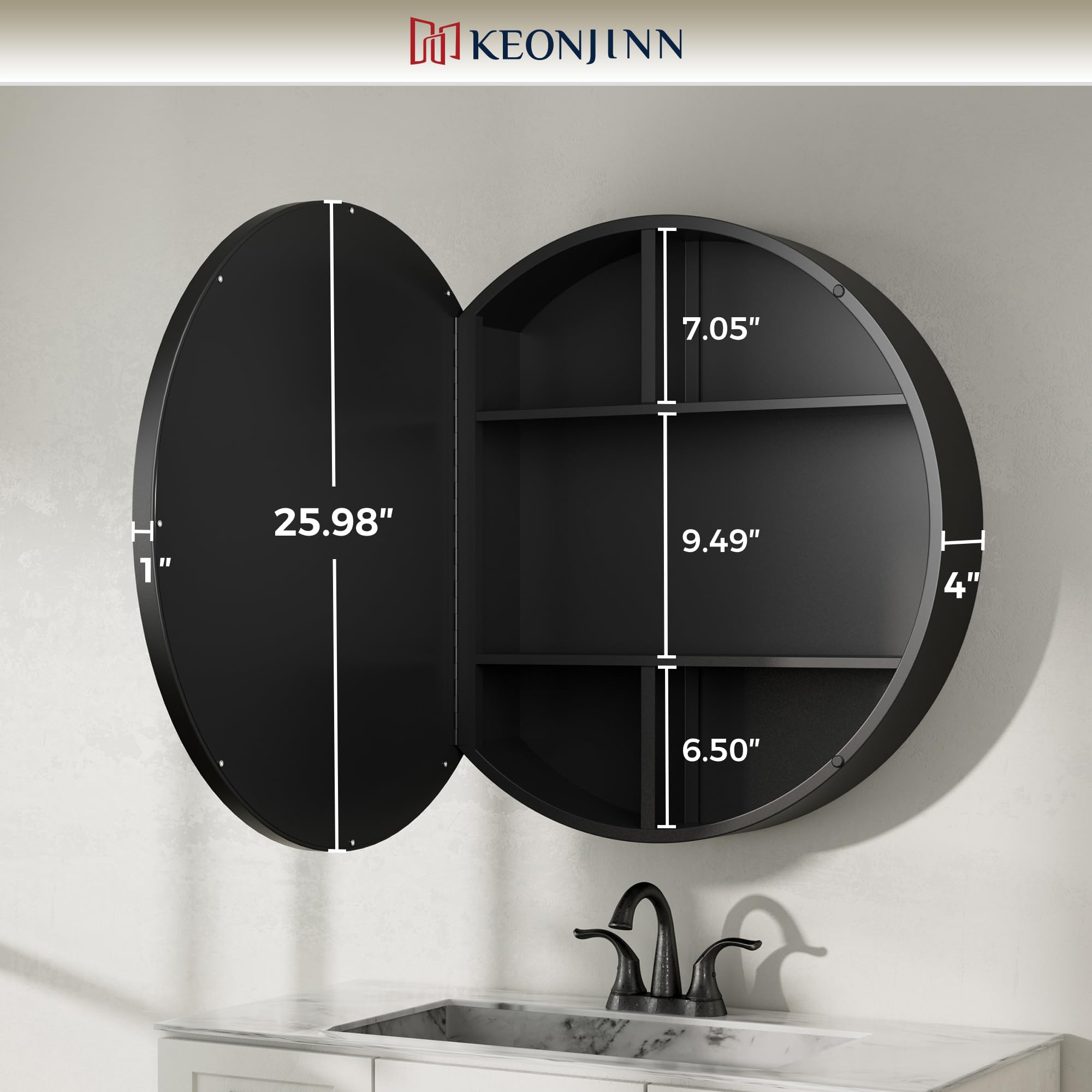 Keonjinn 26 Inch Round Black Medicine Cabinet with Mirror - Surface Mount Metal Frame Bathroom Storage - Farmhouse Style Wall Mounted Vanity Mirror with Detachable Shelves for Bathroom, Bedroom & Entryway Organization
