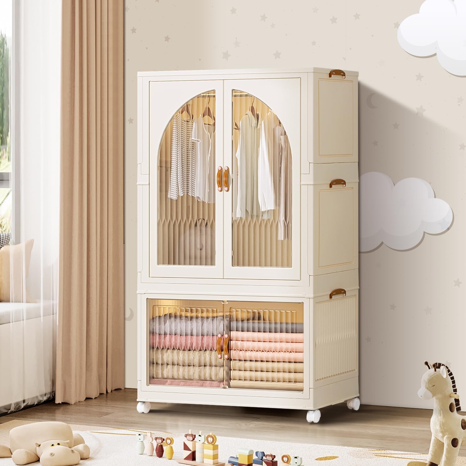 Portable Kids Closet - Collapsible Plastic Wardrobe with Magnetic Doors & Hanging Rod | Easy Assembly Toddler Dresser for Nursery, Bedroom | White Baby Clothes Storage Organizer | Perfect for Small Spaces, Apartments & Daycare Centers