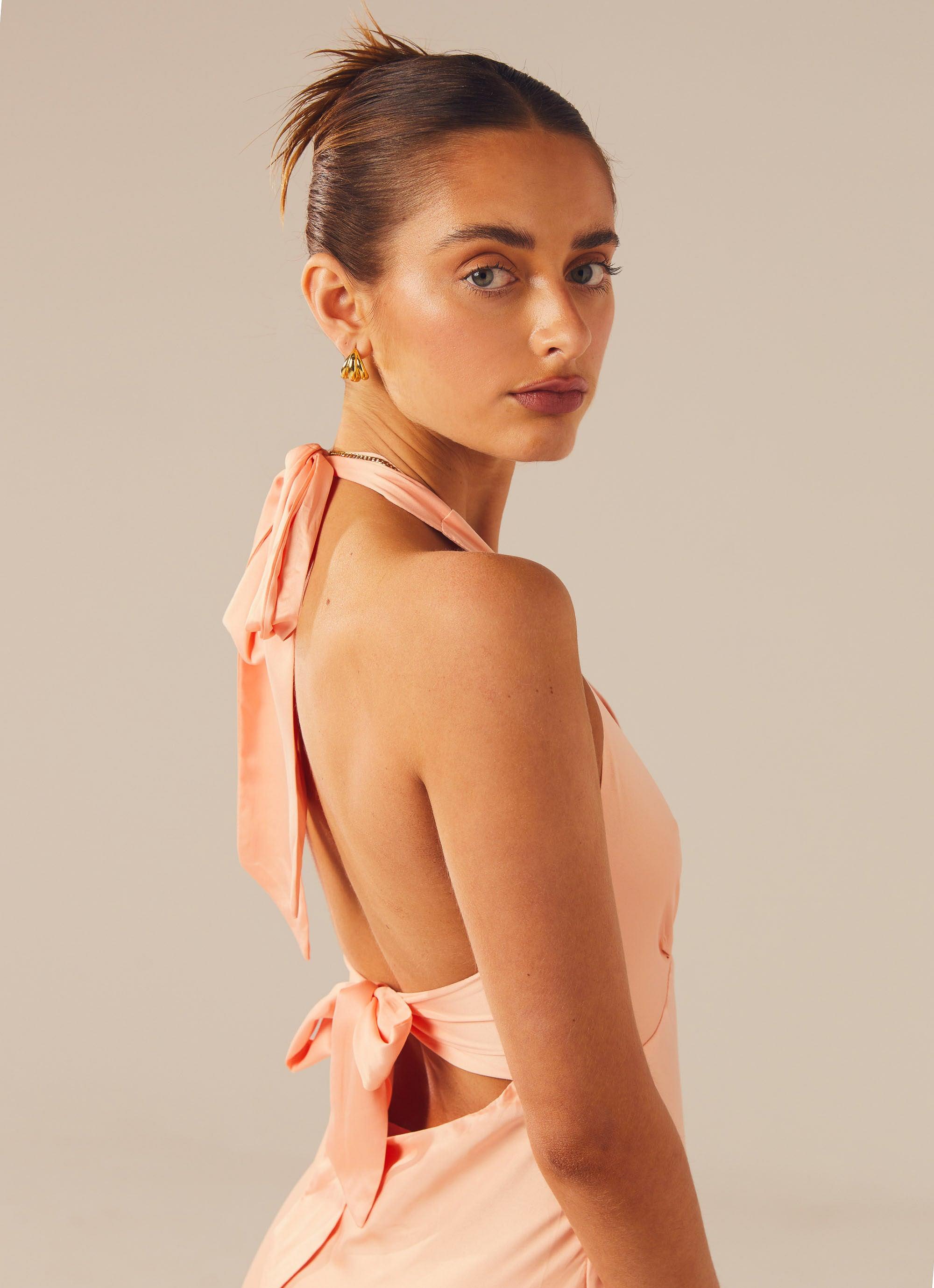 Heavy Hearted Satin Maxi Dress in Peach - Elegant Long Formal Gown for Weddings, Prom & Evening Events