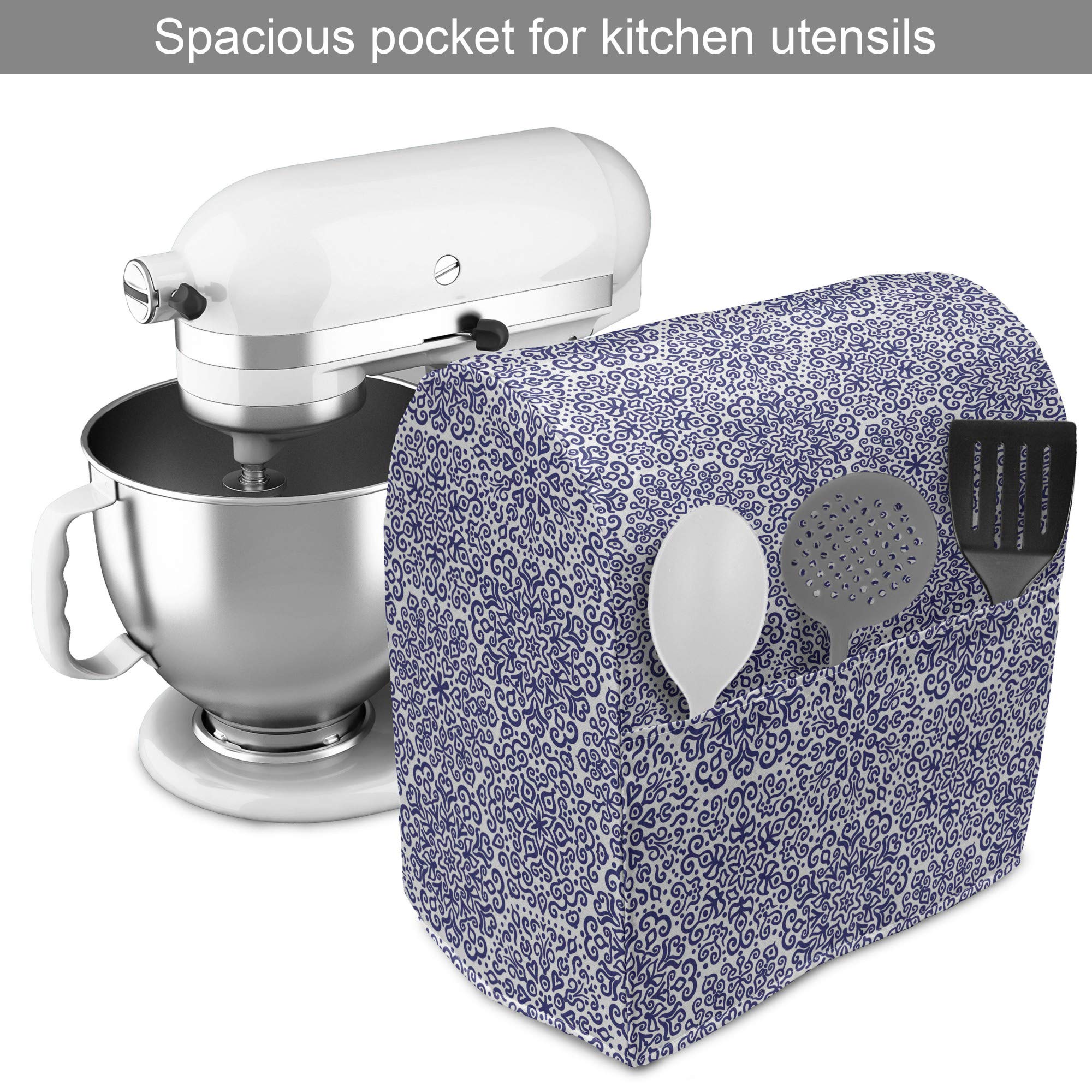 Ambesonne 6-8 Quart Stand Mixer Cover with Pocket - Indigo & White Mandala Floral Pattern - Kitchen Appliance Organizer Bag for KitchenAid, Cuisinart & More - Perfect for Baking, Cooking & Countertop Storage