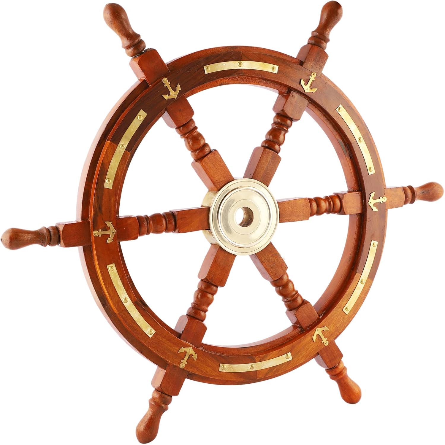 Nautical Ship Wheel - 48 Inch Wood & Brass Decorative Wall Hanging - Rustic Captain's Wheel with Anchor Strips & Wooden Handle - Perfect for Living Room, Office, or Marine-Themed Decor - Ideal for Coastal Homes, Beach Houses & Nautical Interior Design