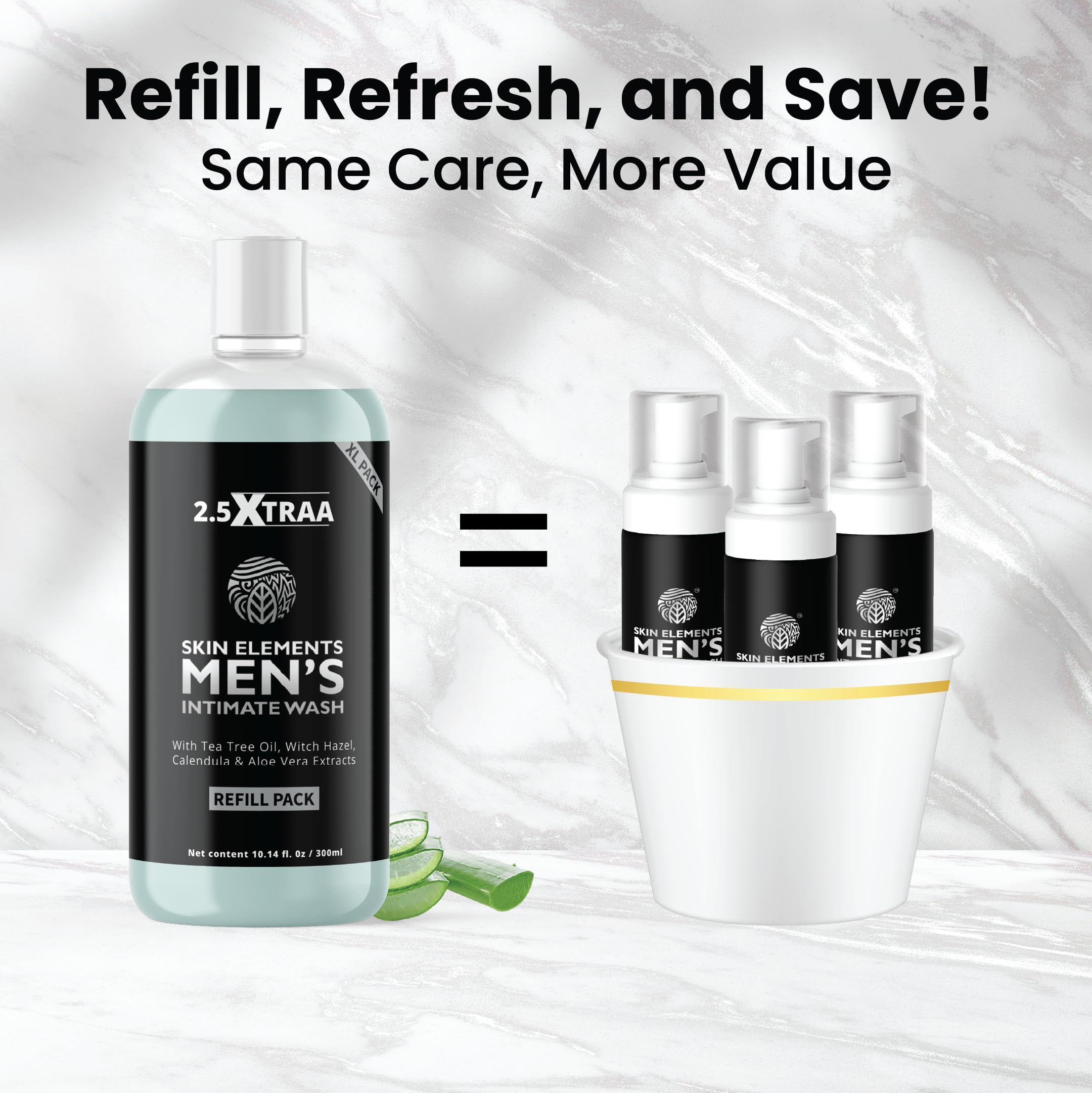 Skin Elements Men's Intimate Wash Jumbo Pack with Refill - 14.2 fl oz pH Balanced Foaming Wash for 180 Days | Tea Tree Oil Formula Prevents Odor | Gentle Genital Hygiene for Daily Use | Ideal for Gym, Travel & Active Lifestyles