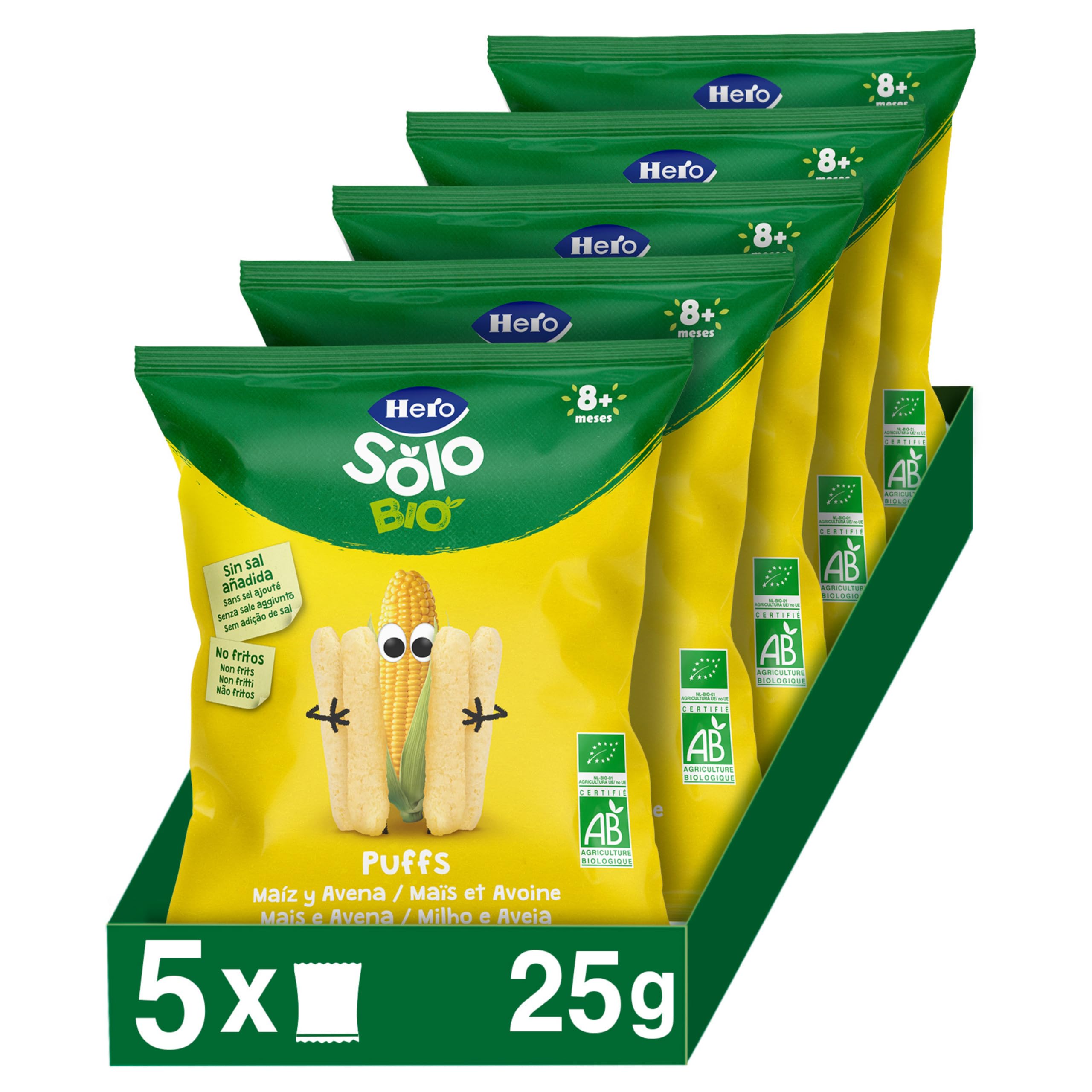 Hero Solo - Organic Corn & Oat Snacks for Babies 8+ Months, 100% Natural, Sugar-Free, Gluten-Free, No Additives, Eco-Friendly - 5x25g Pack - Perfect for On-the-Go Healthy Snacking & Baby Food