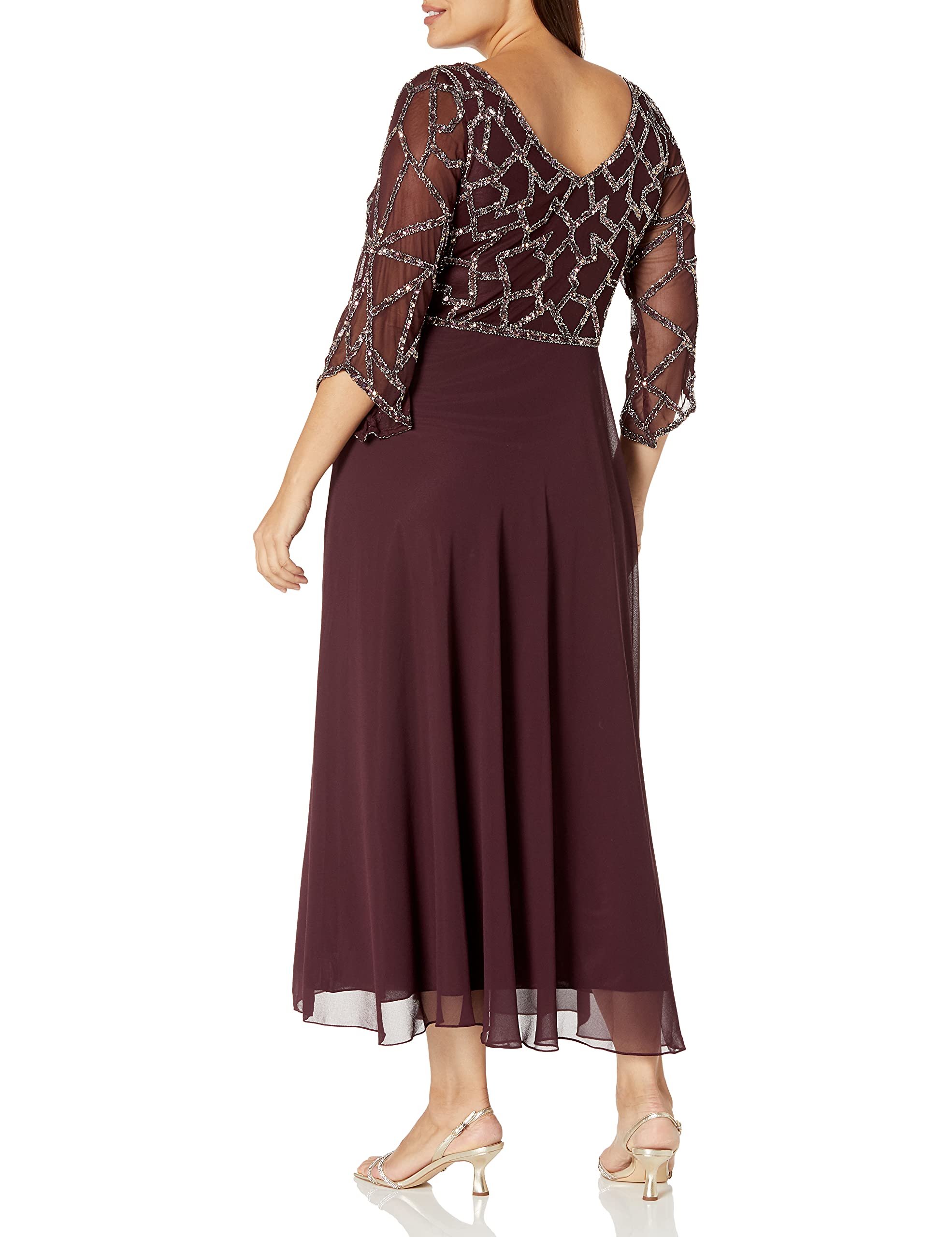 J Kara Women's Plus Size 3/4 Sleeve V-Neck Geometrical Beaded Long Dress for Evening Party, Wedding Guest, Cocktail & Special Occasions