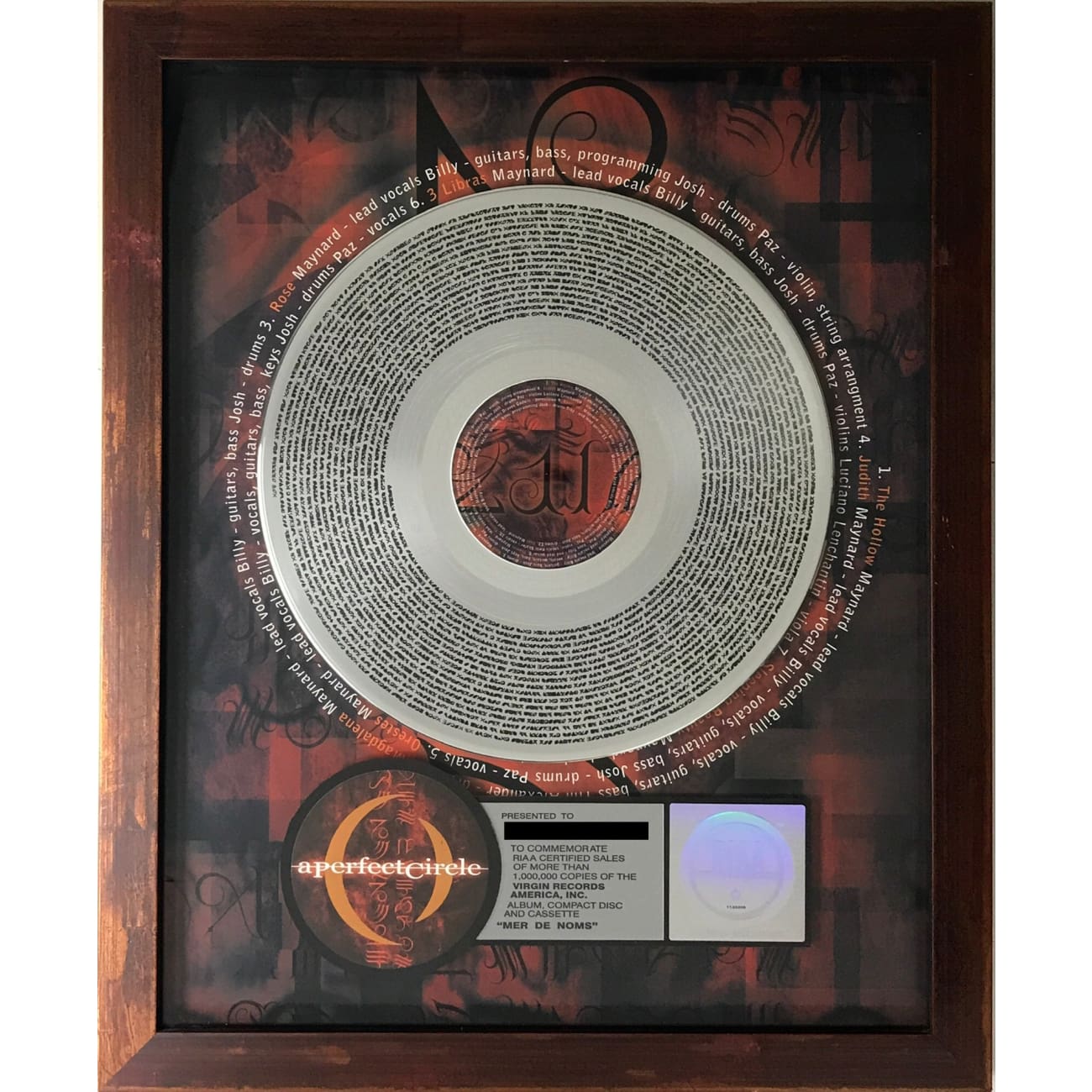 A Perfect Circle Mer de Noms RIAA Platinum Award - Alternative Rock Album for Music Collectors & Audiophiles | Perfect for Home Listening, Gifting & Vinyl Collections