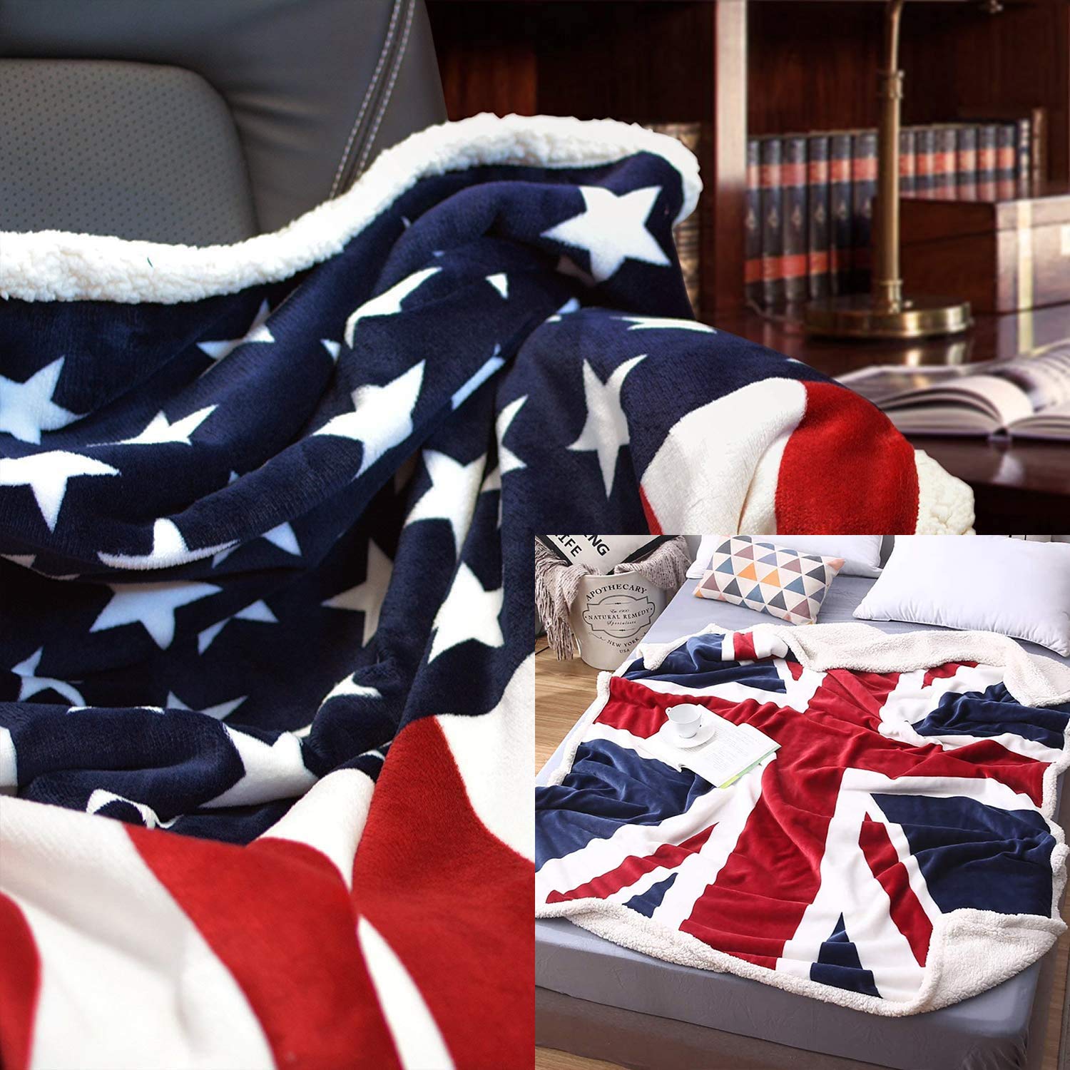 Brandream 2-Pack Fleece Throw Blankets - American Flag & British Flag Designs | Soft Cozy Blankets for Couch, Bed, Camping & Outdoor Use