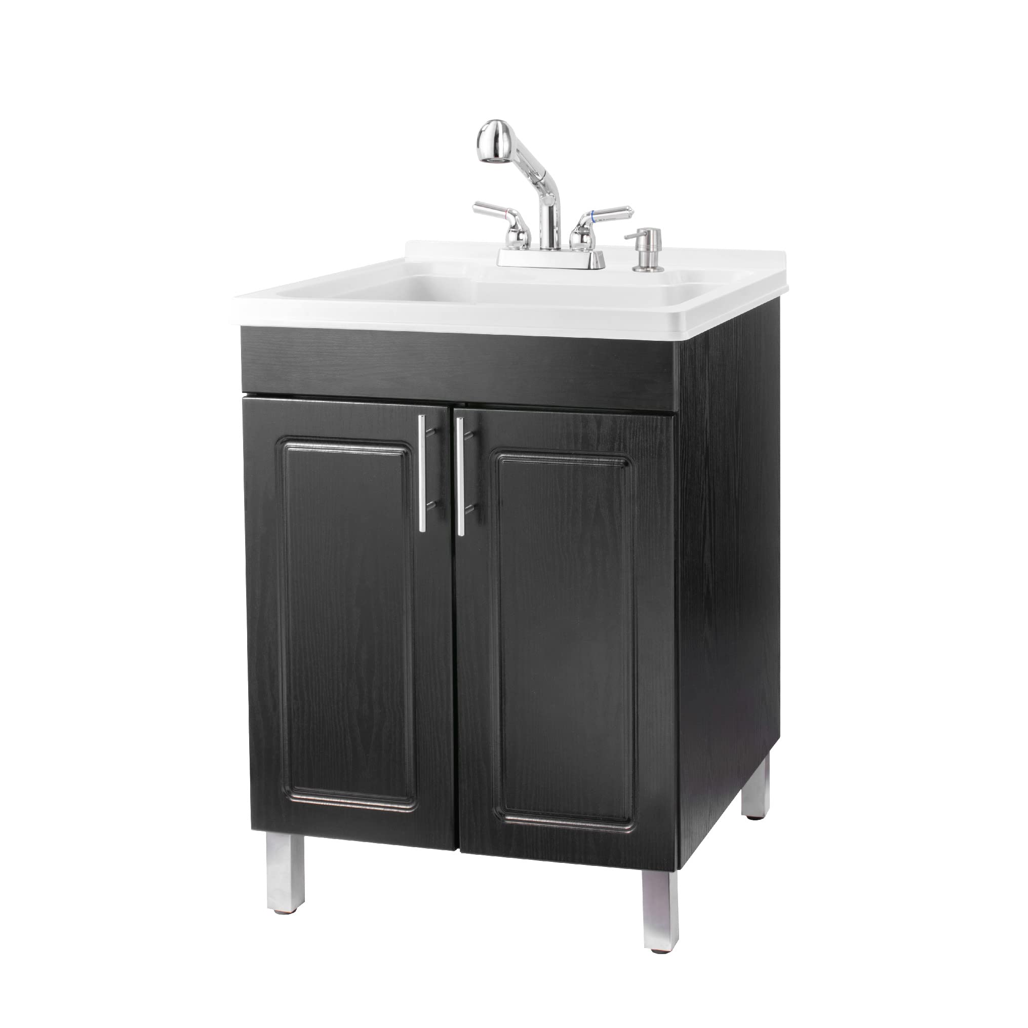 White Utility Sink with 25-Inch Black Vanity Cabinet - Chrome Pull-Out Sprayer Faucet & Soap Dispenser | Laundry Room Sink with Spacious Storage | Perfect for Laundry Rooms, Basements & Utility Areas